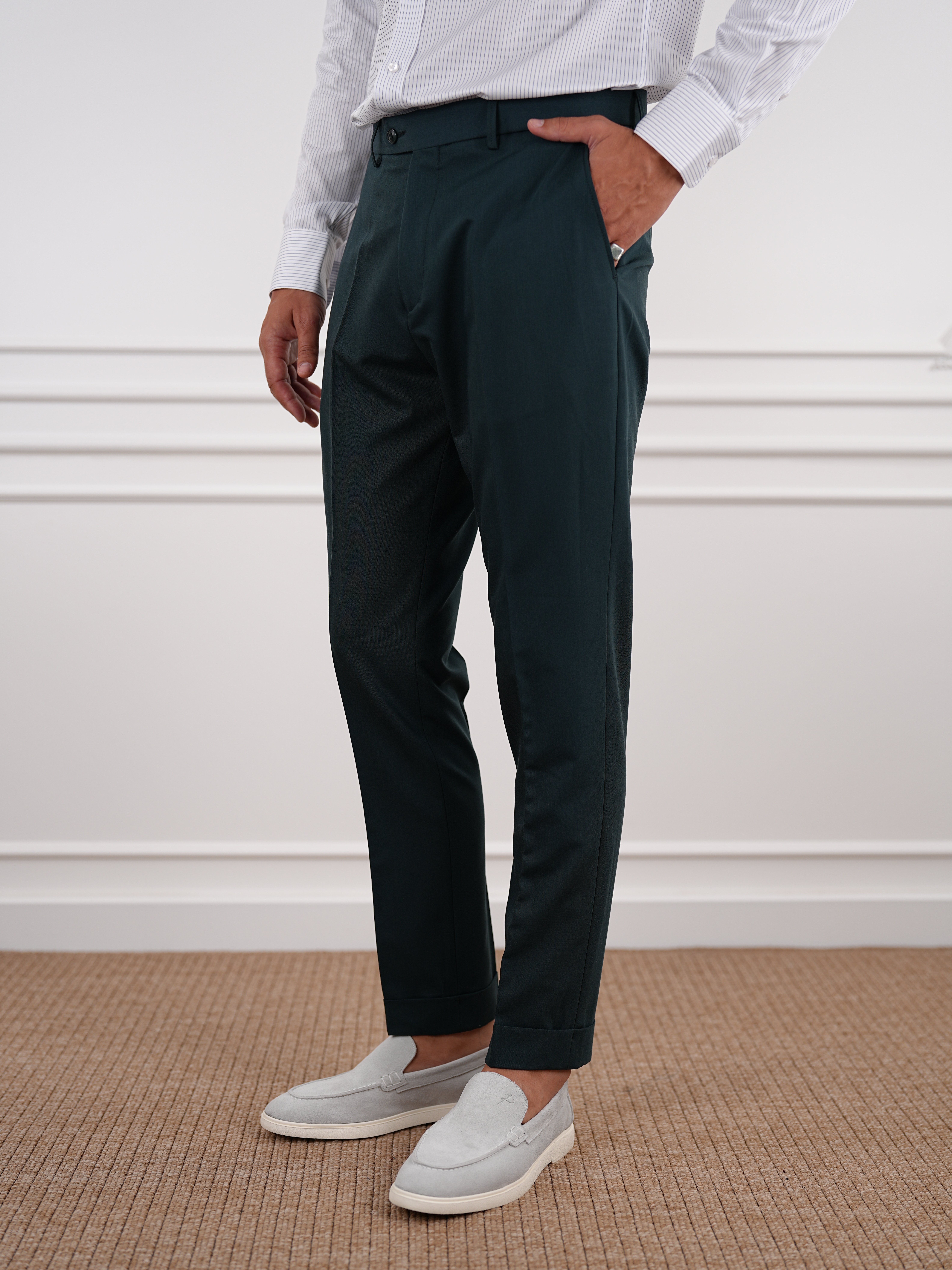 Erkek Slim Fit Yüksek Bel Duble Paça Kumaş Pantolon - Haki