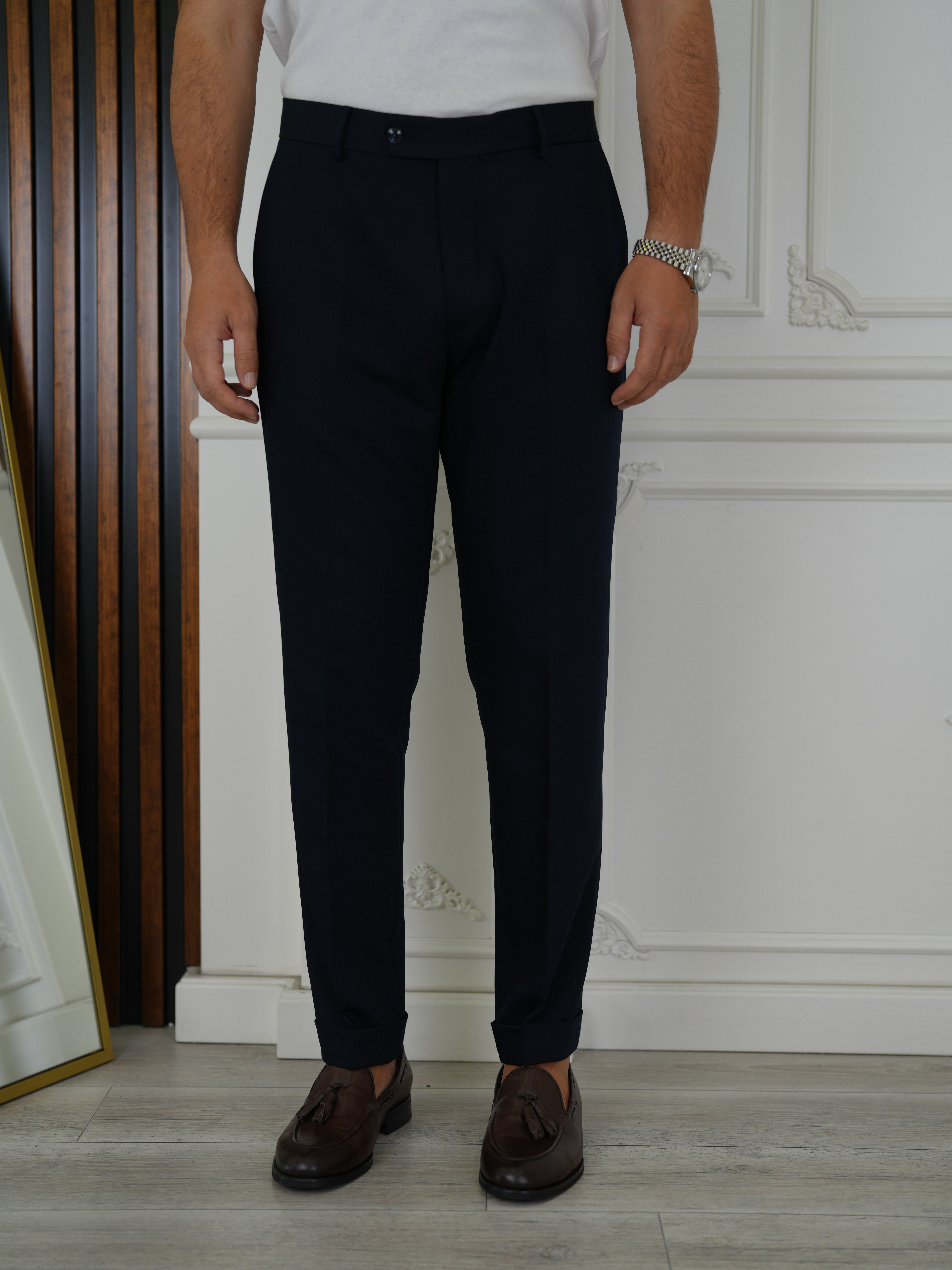 Erkek Slim Fit Yüksek Bel Duble Paça Kumaş Pantolon - Lacivert