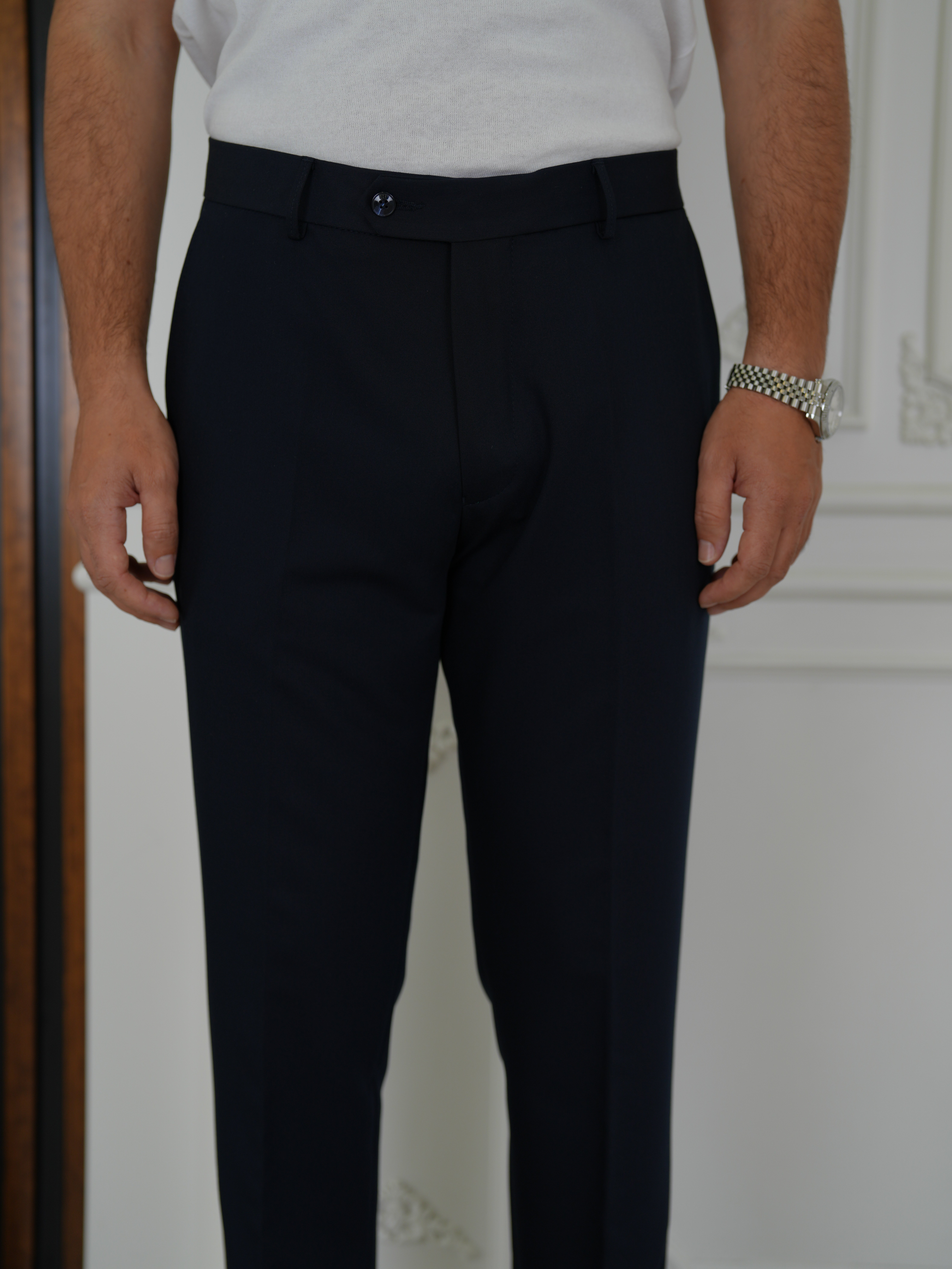 Erkek Slim Fit Yüksek Bel Duble Paça Kumaş Pantolon - Lacivert
