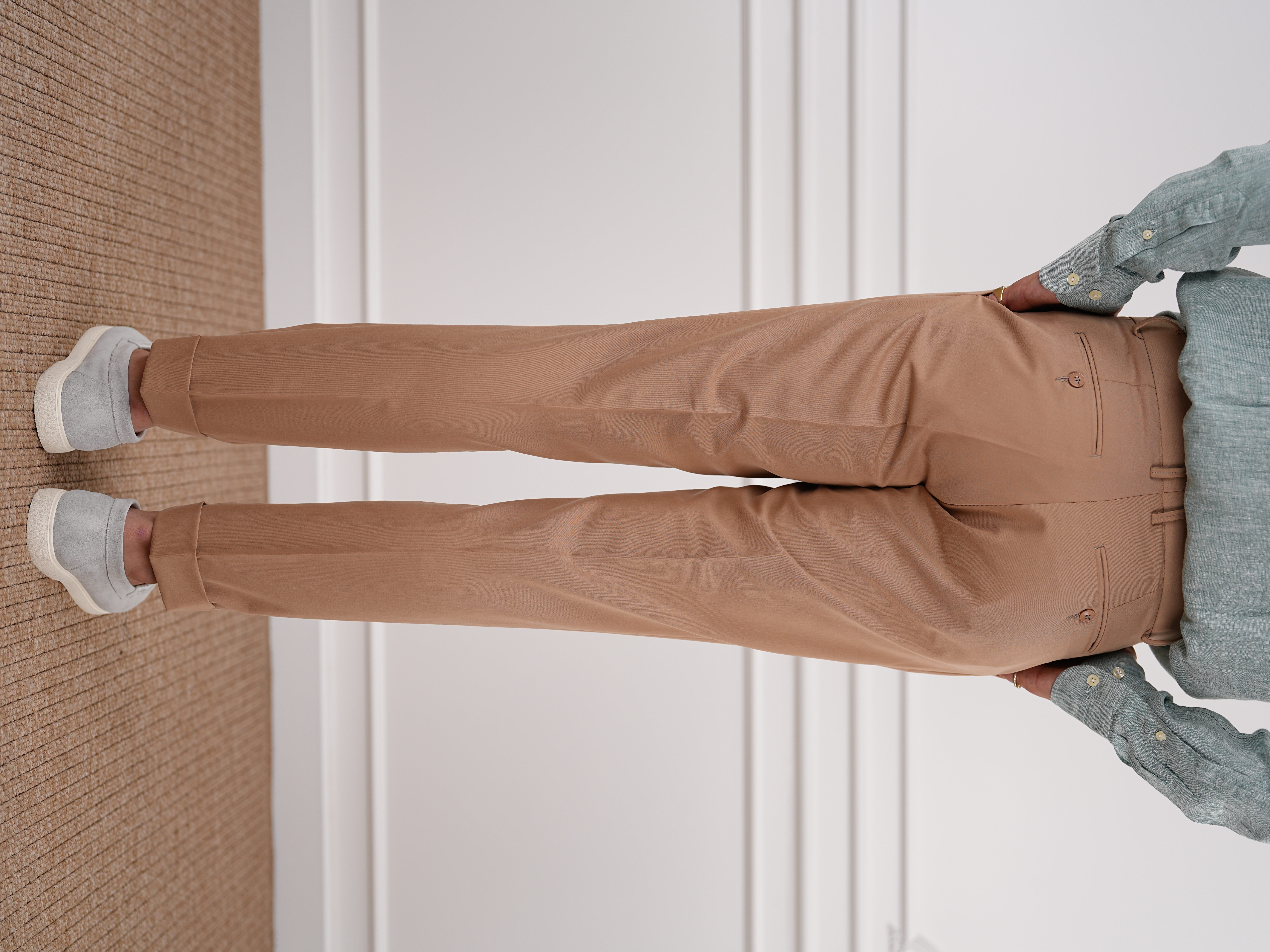 Erkek Slim Fit Yüksek Bel Duble Paça Kumaş Pantolon - Krem