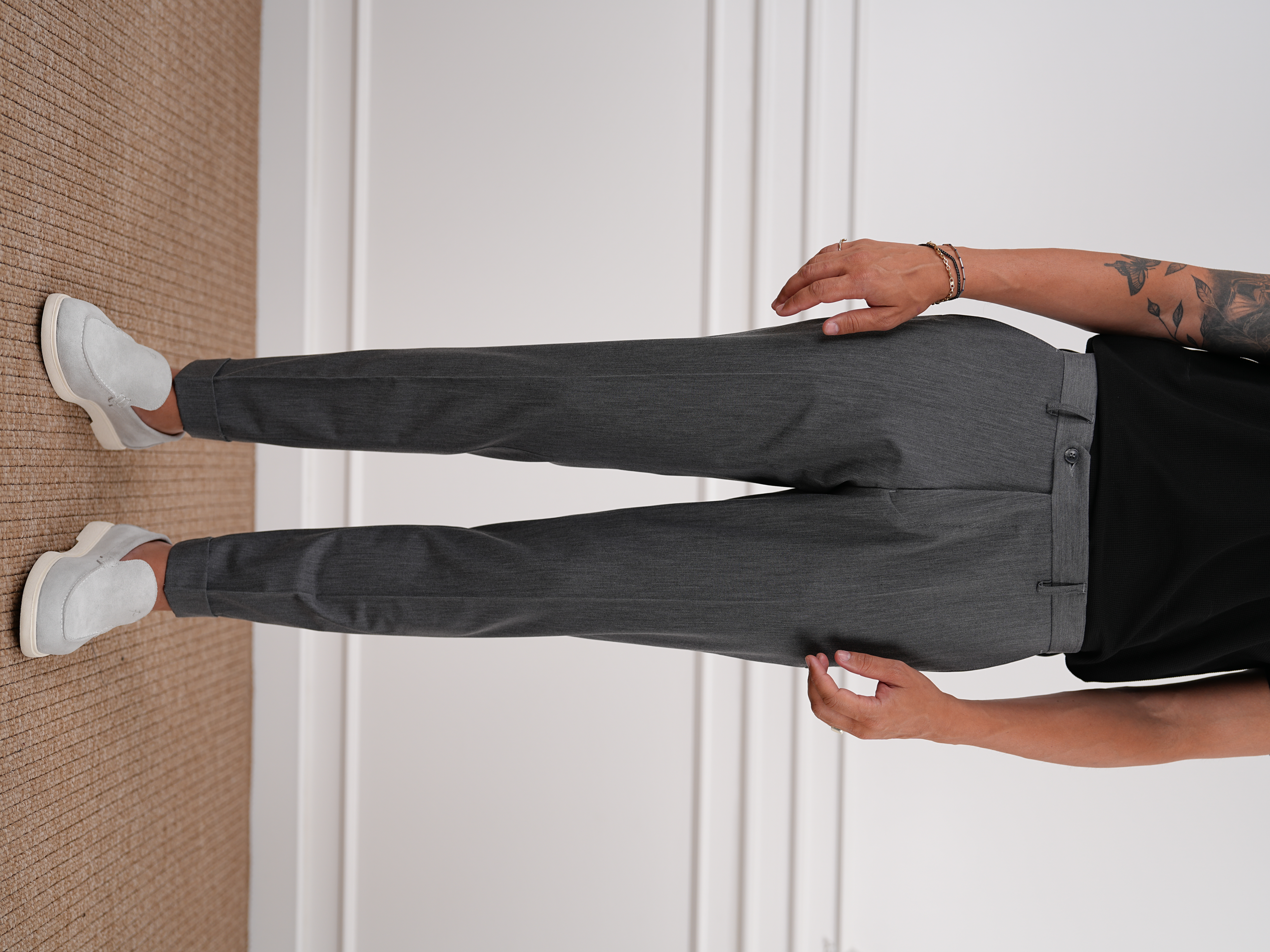 Erkek Slim Fit Yüksek Bel Duble Paça Kumaş Pantolon - Füme