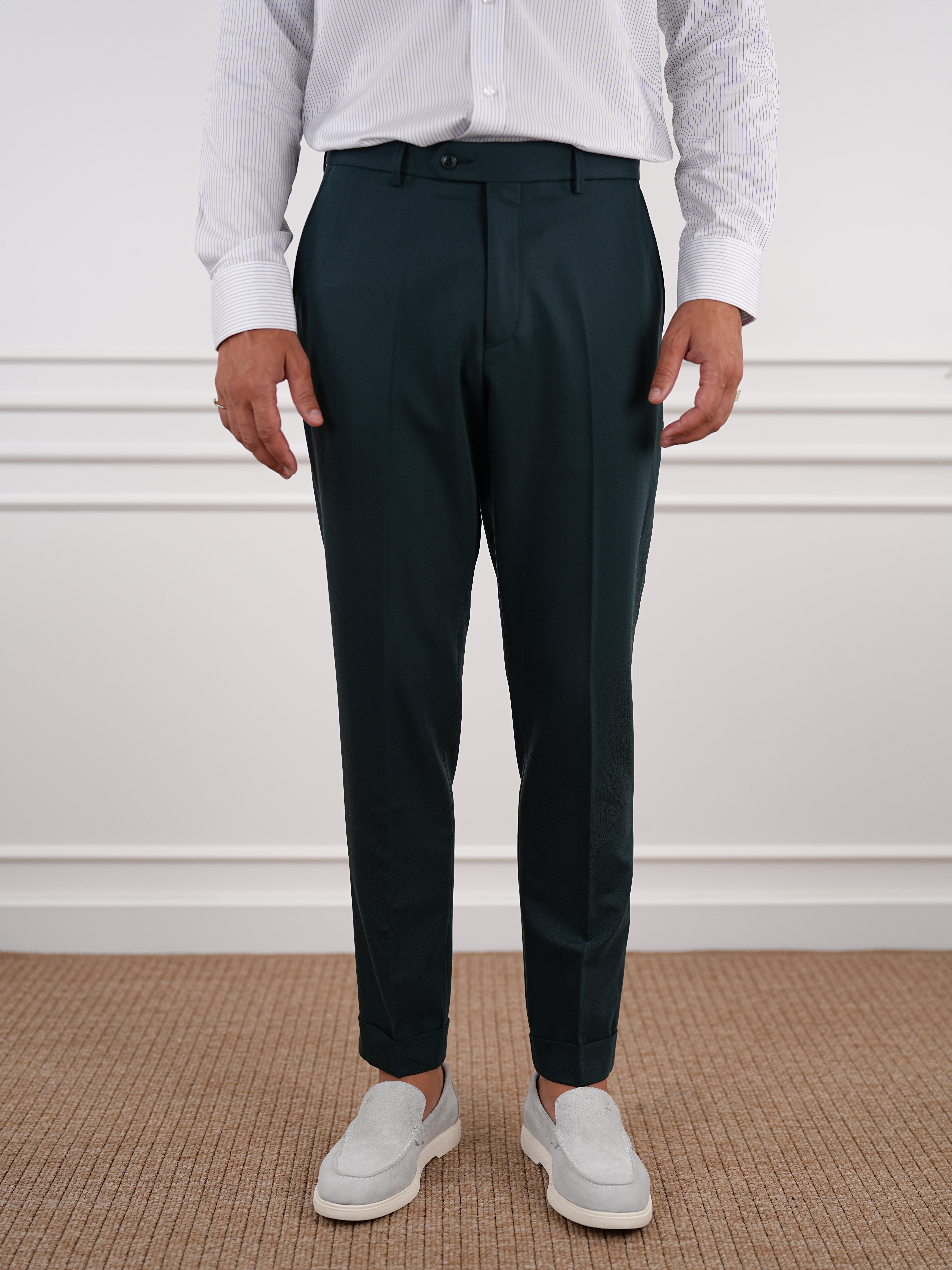 Erkek Slim Fit Yüksek Bel Duble Paça Kumaş Pantolon - Haki