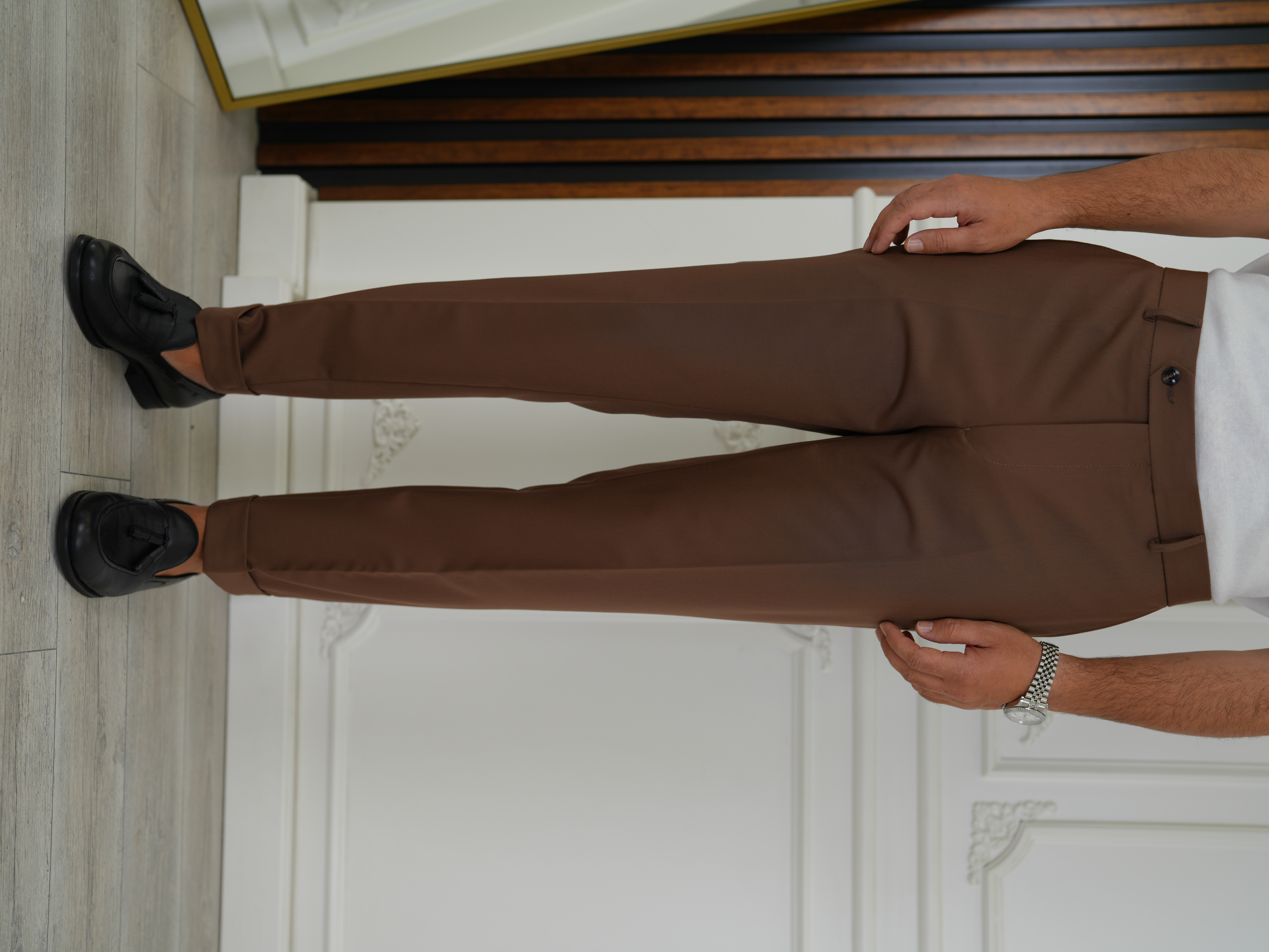 Erkek Slim Fit Yüksek Bel Duble Paça Kumaş Pantolon - Kahve