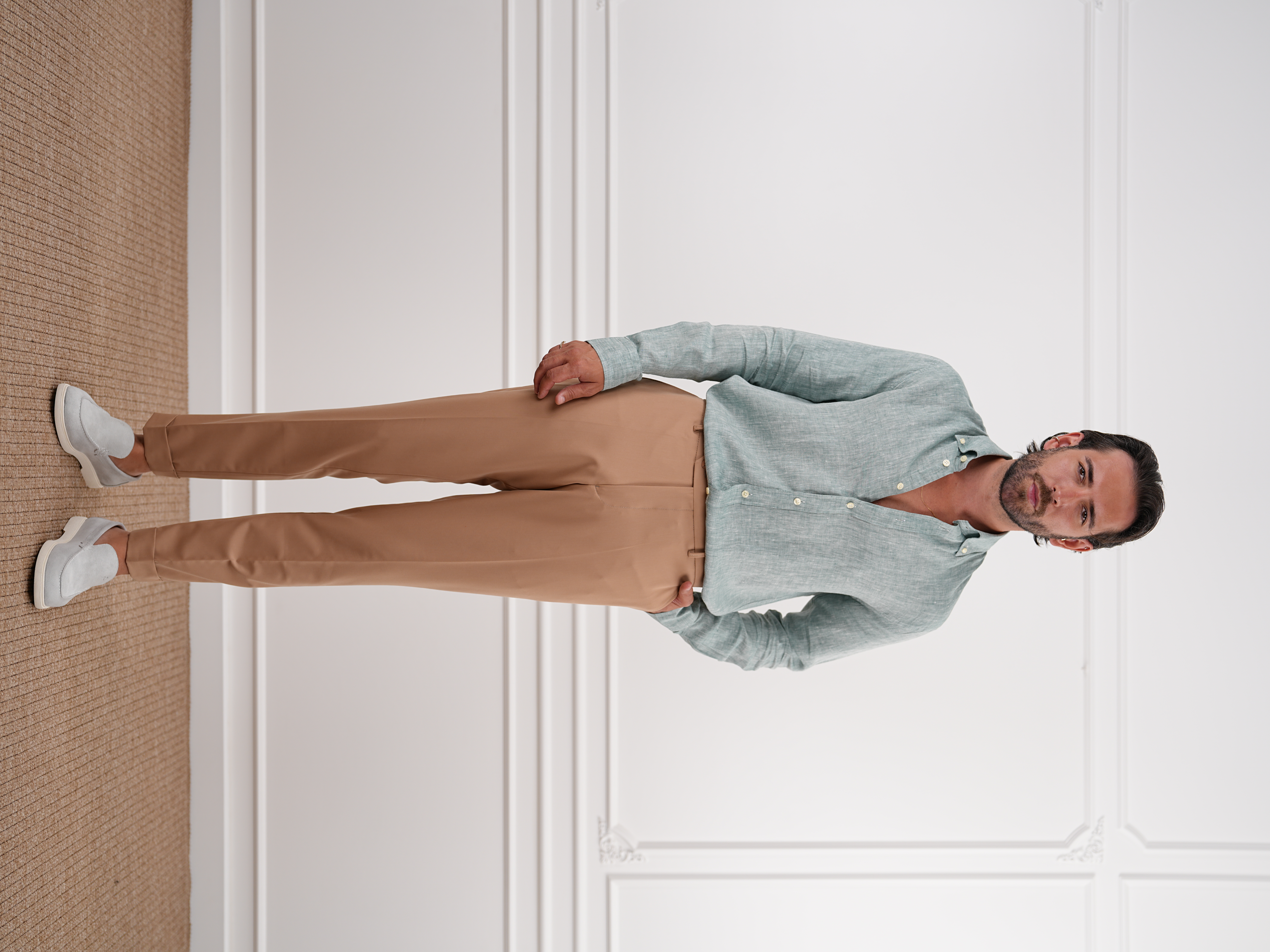 Erkek Slim Fit Yüksek Bel Duble Paça Kumaş Pantolon - Krem