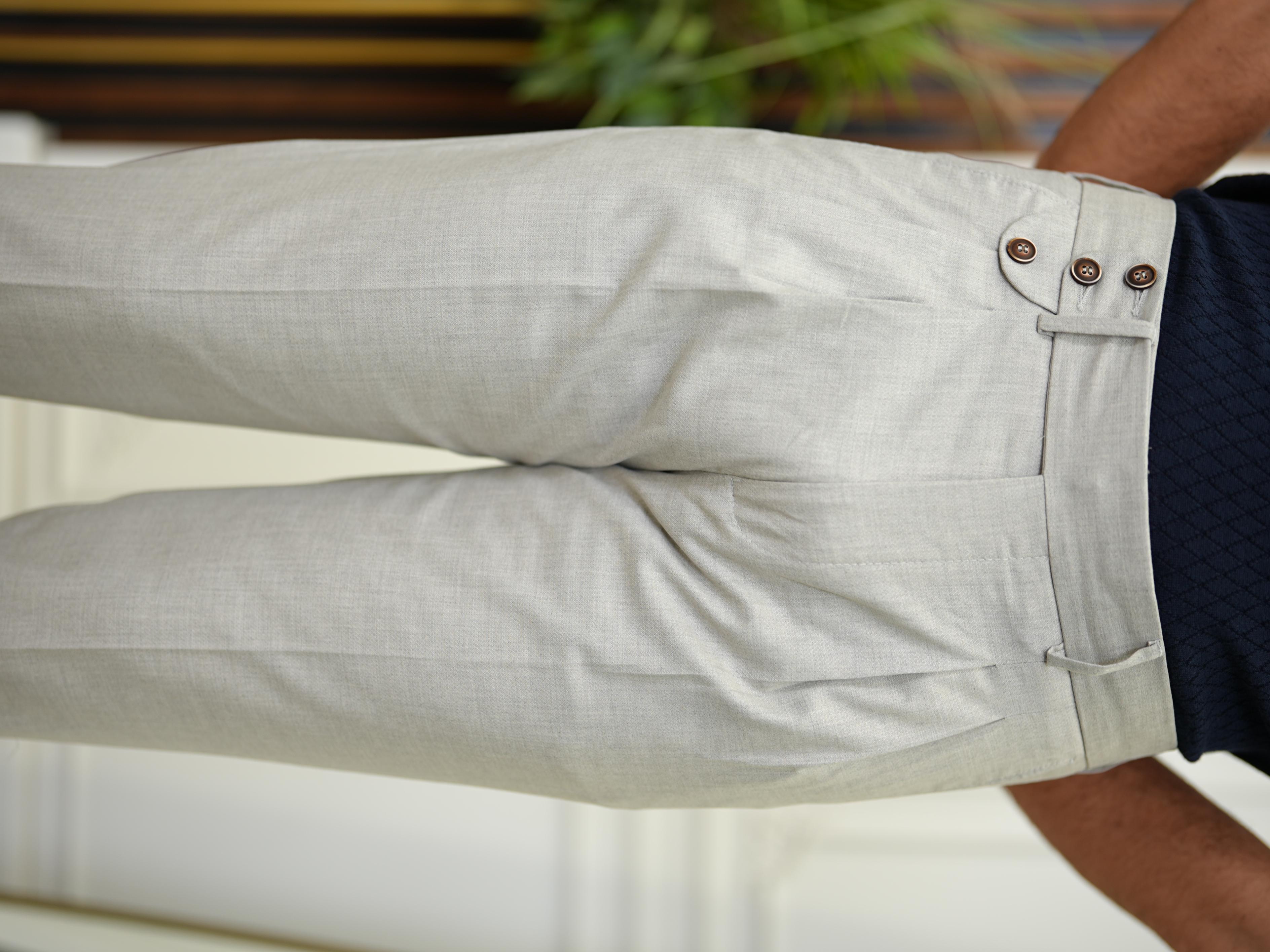 Erkek Slim Fit Yüksek Bel Duble Paça  Piliseli Kumaş Pantolon - Acık Gri