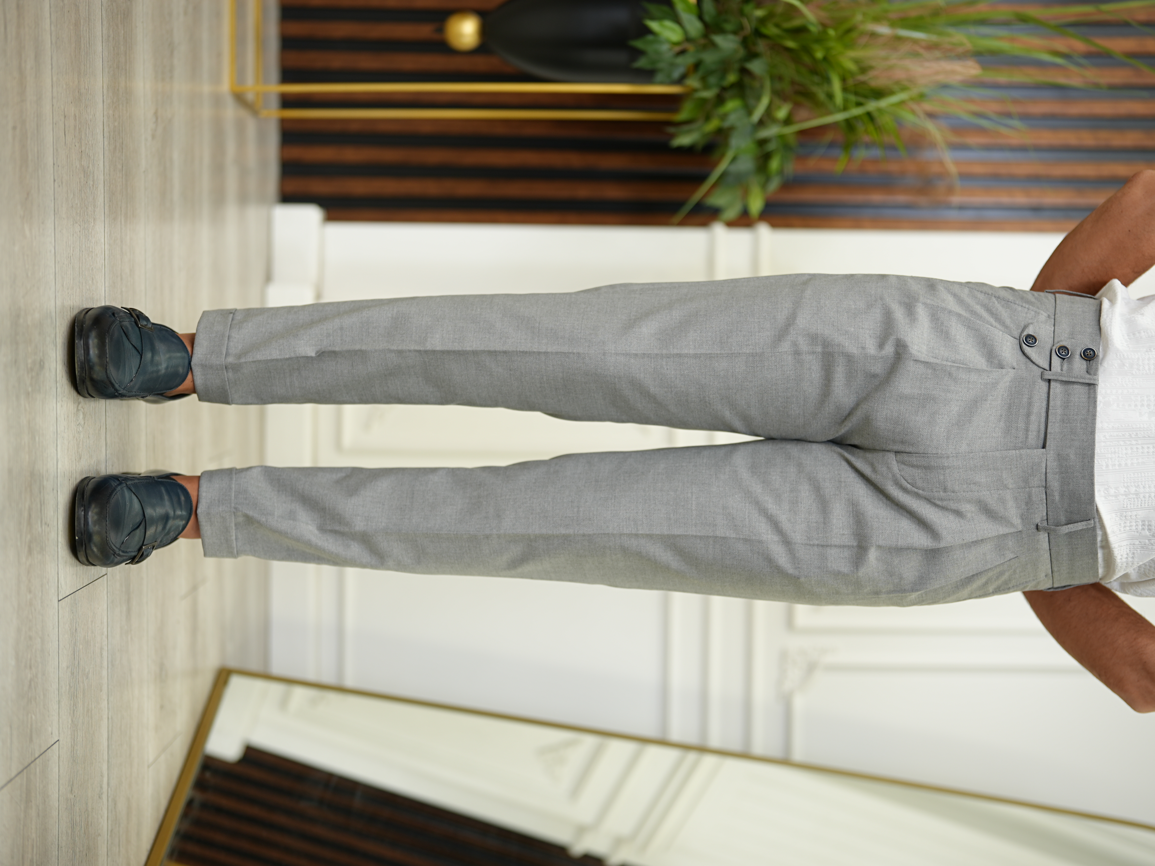 Erkek Slim Fit Yüksek Bel Duble Paça  Piliseli Kumaş Pantolon - Gri
