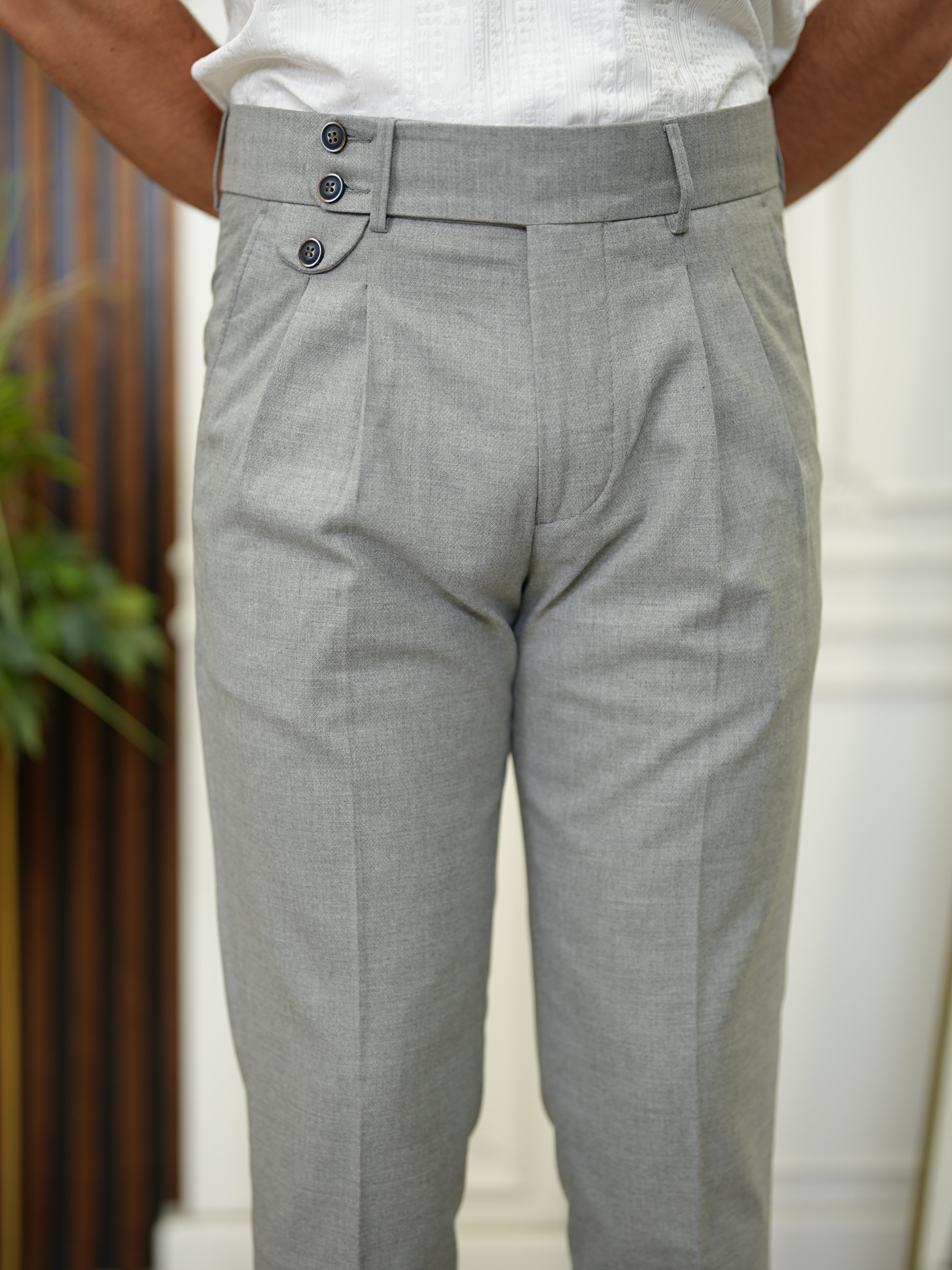 Erkek Slim Fit Yüksek Bel Duble Paça  Piliseli Kumaş Pantolon - Gri
