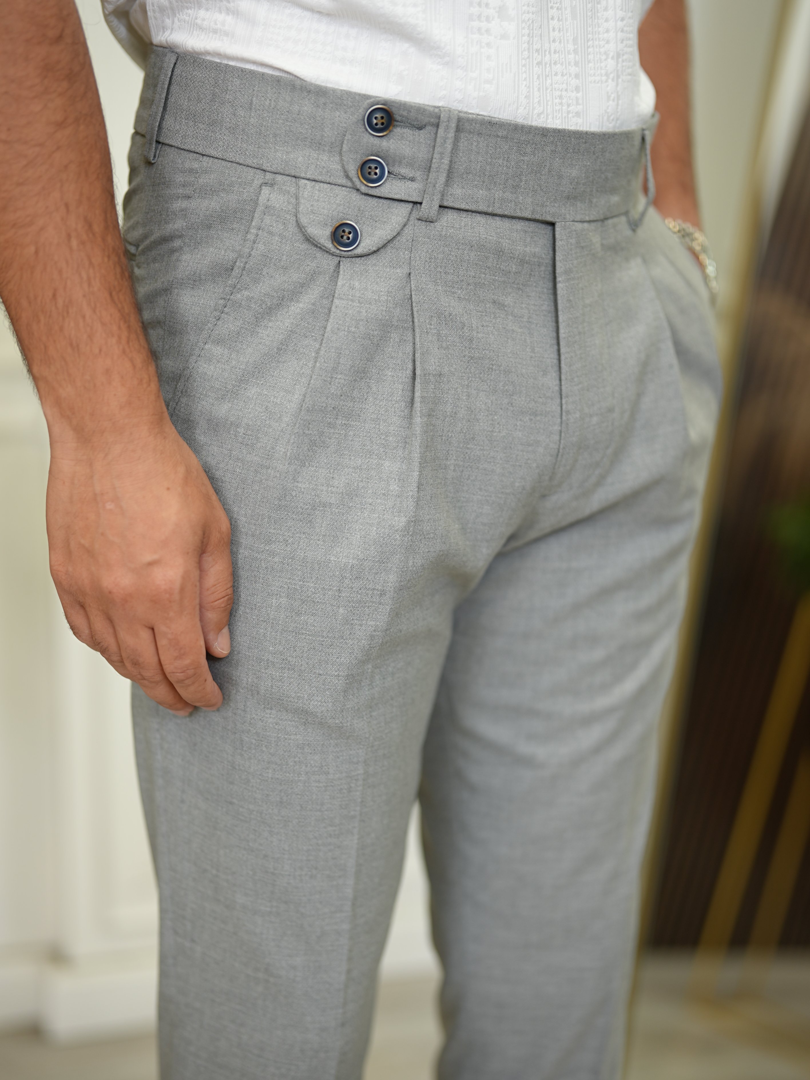 Erkek Slim Fit Yüksek Bel Duble Paça  Piliseli Kumaş Pantolon - Gri