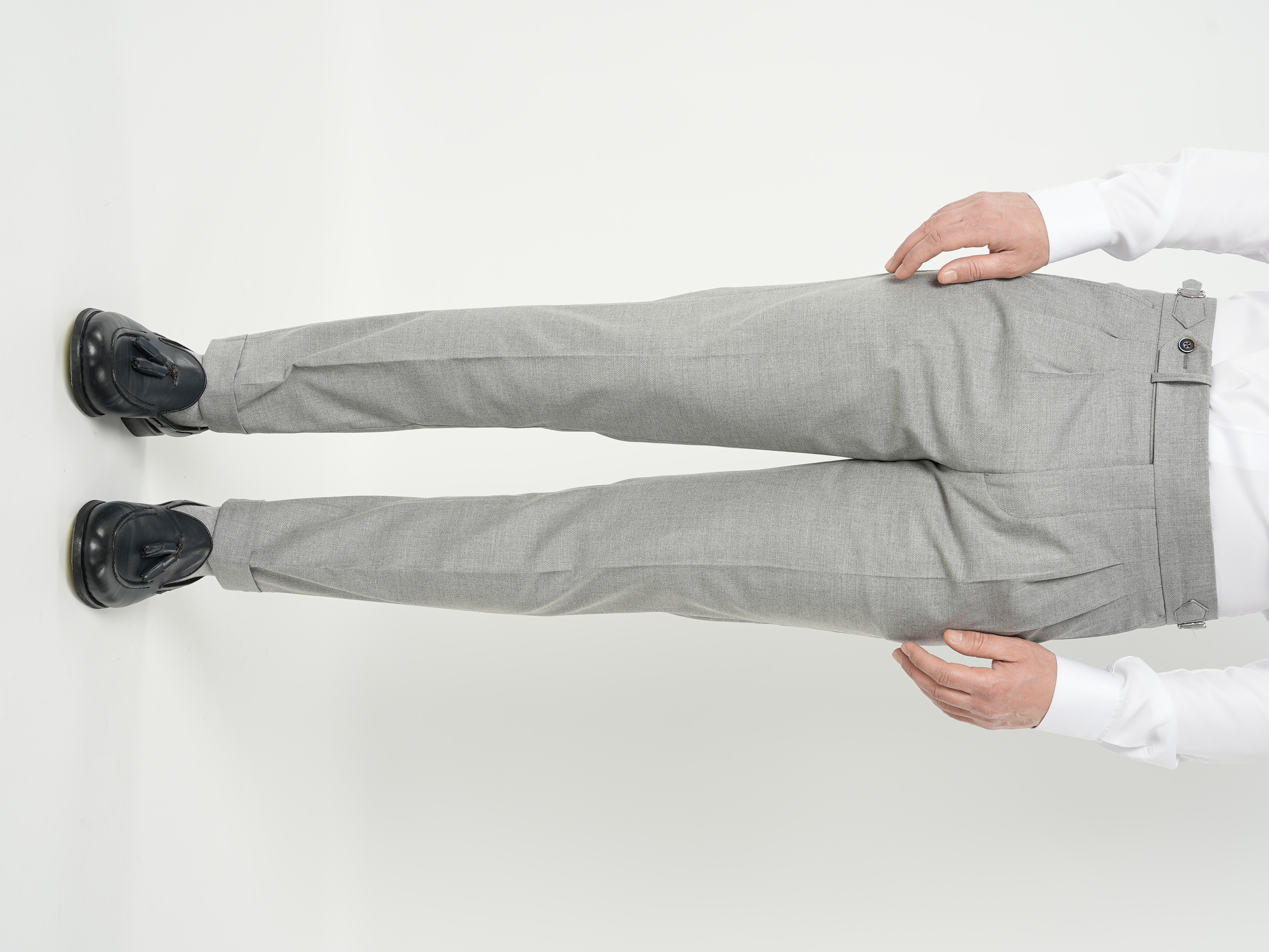 Erkek Slim Fit Yüksek Bel Duble Paça Tokalı  Piliseli Kumaş Pantolon - Gri