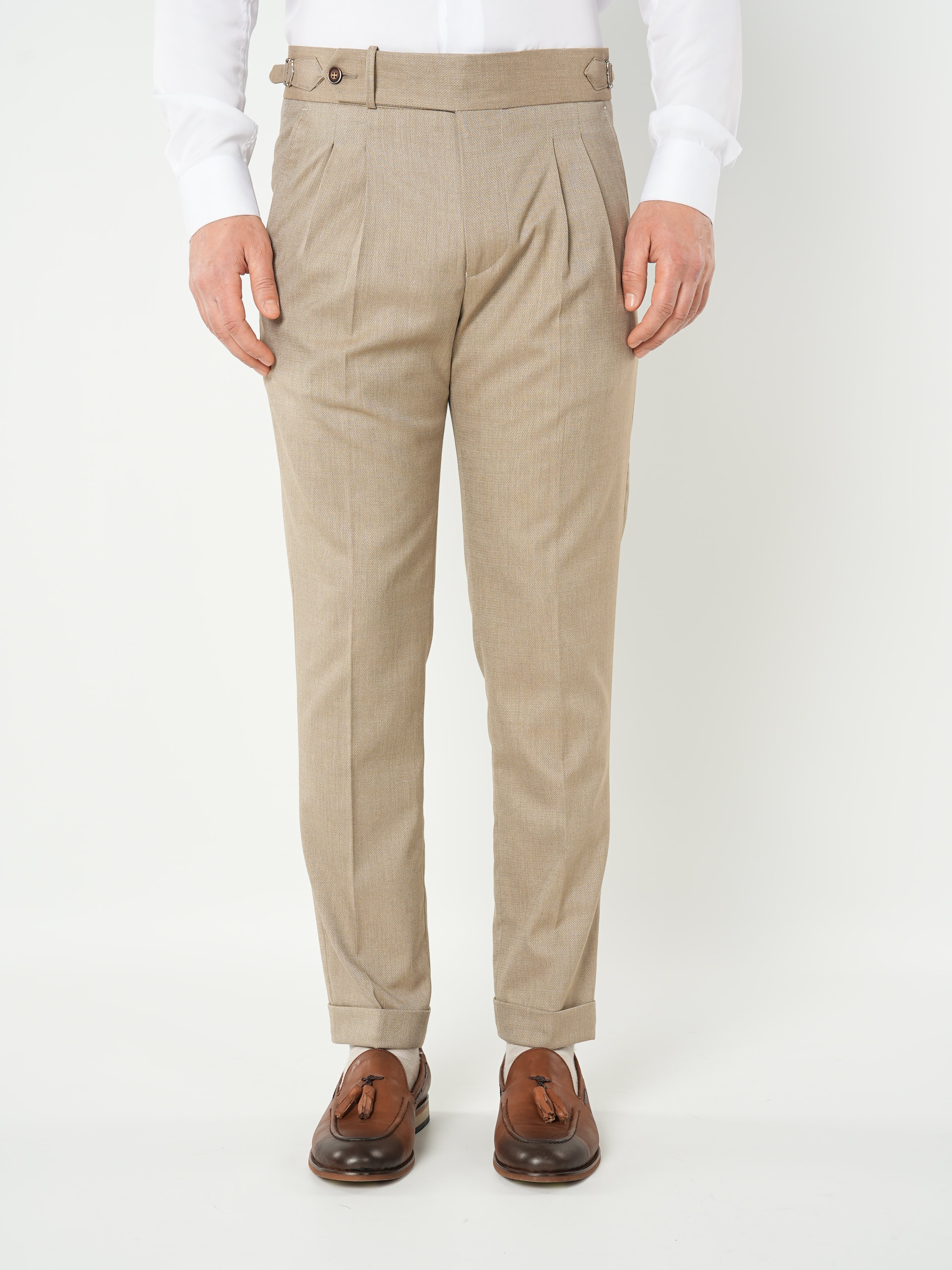 Erkek Slim Fit Yüksek Bel Duble Paça Tokalı  Piliseli Kumaş Pantolon - Sütlü Kahve