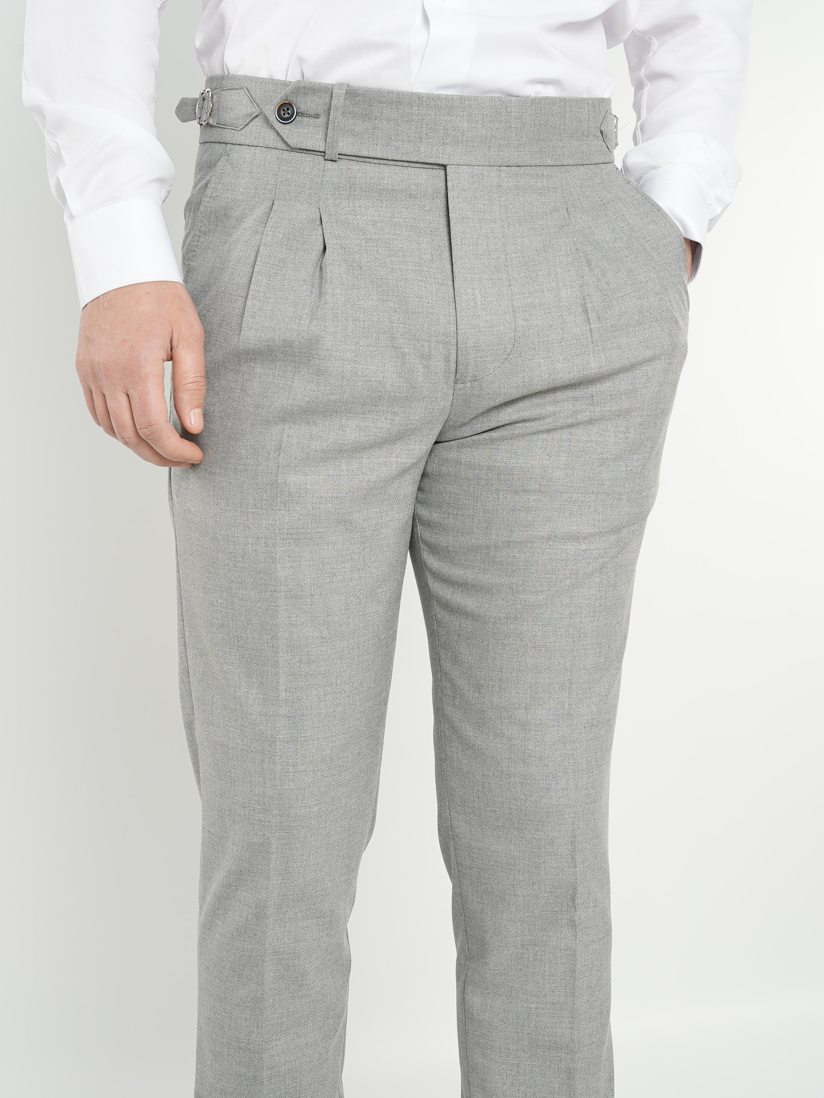 Erkek Slim Fit Yüksek Bel Duble Paça Tokalı  Piliseli Kumaş Pantolon - Gri