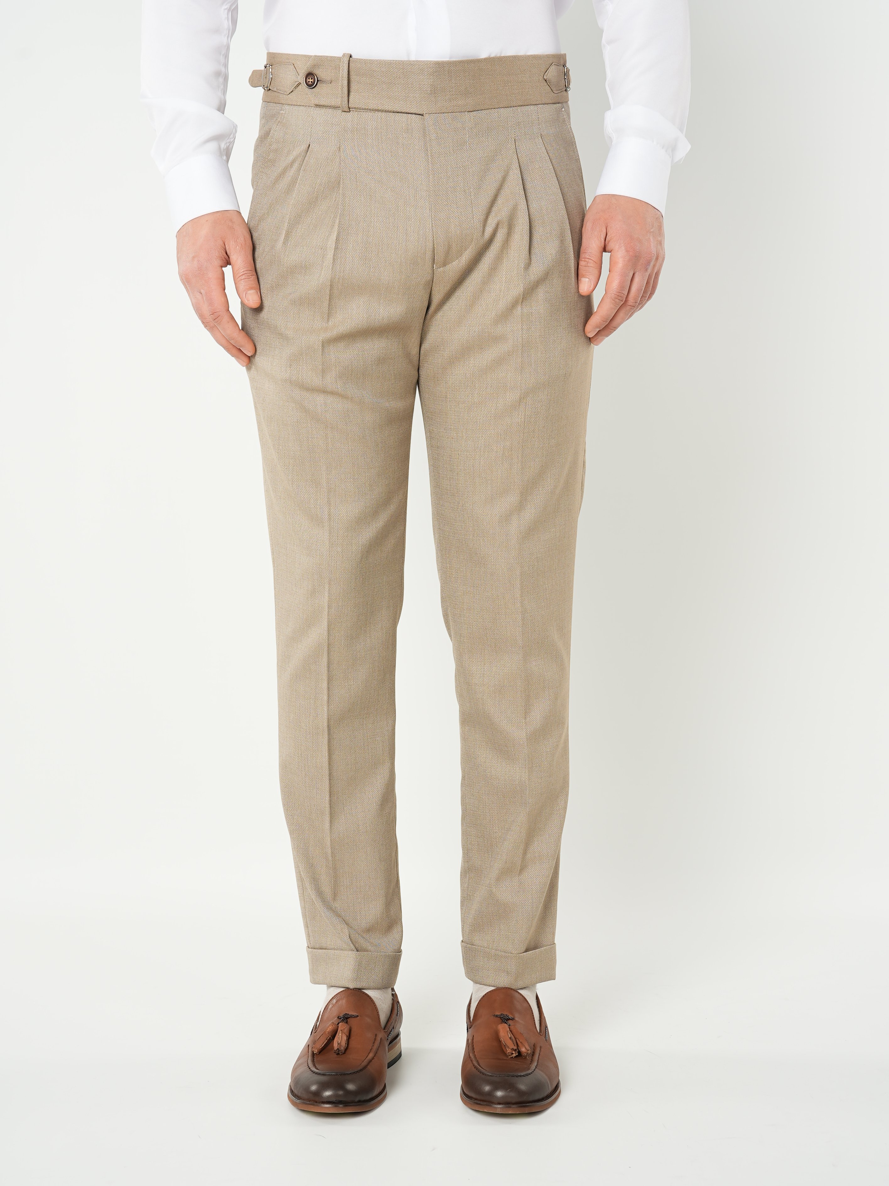 Erkek Slim Fit Yüksek Bel Duble Paça Tokalı  Piliseli Kumaş Pantolon - Sütlü Kahve