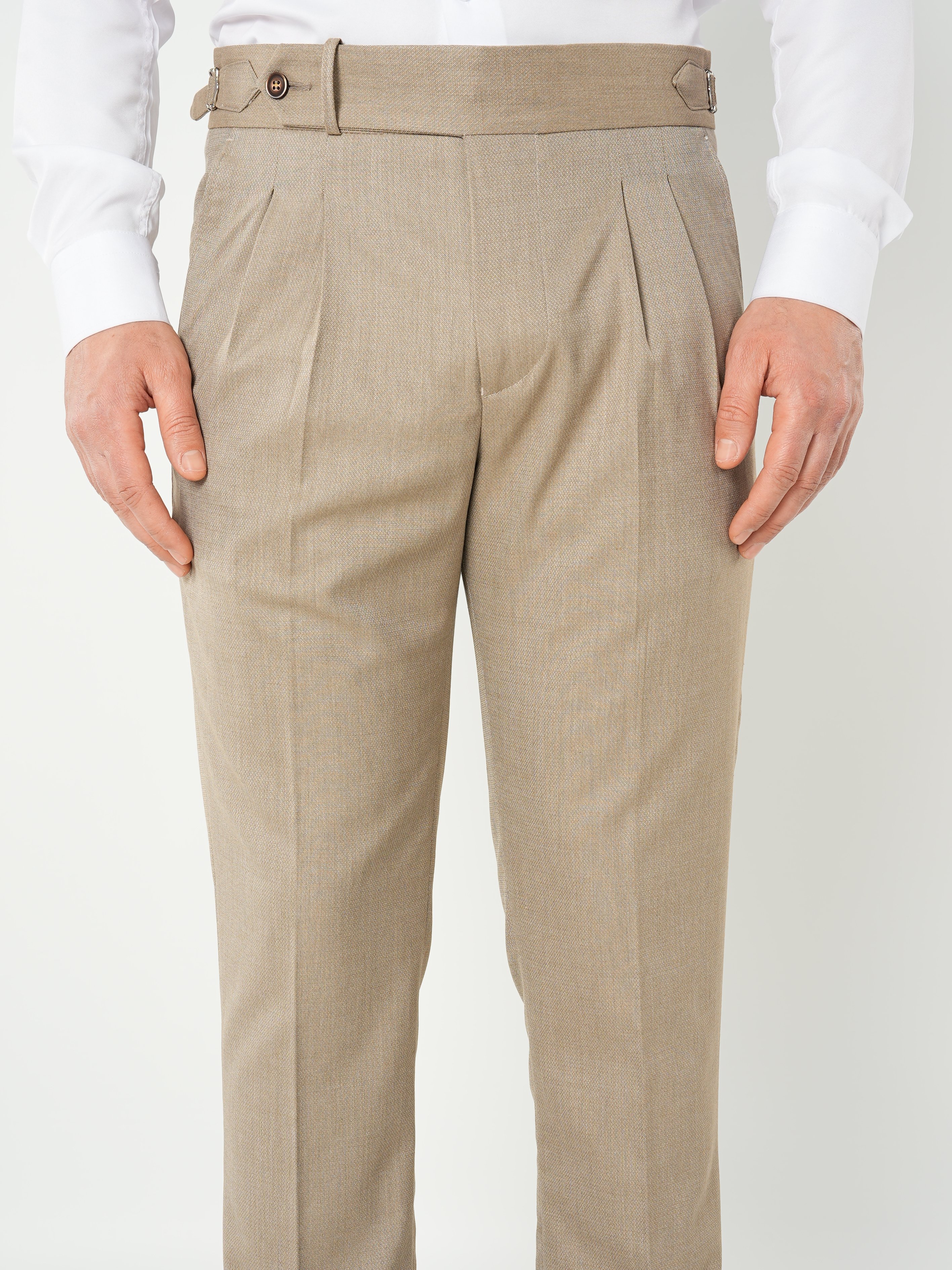 Erkek Slim Fit Yüksek Bel Duble Paça Tokalı  Piliseli Kumaş Pantolon - Sütlü Kahve