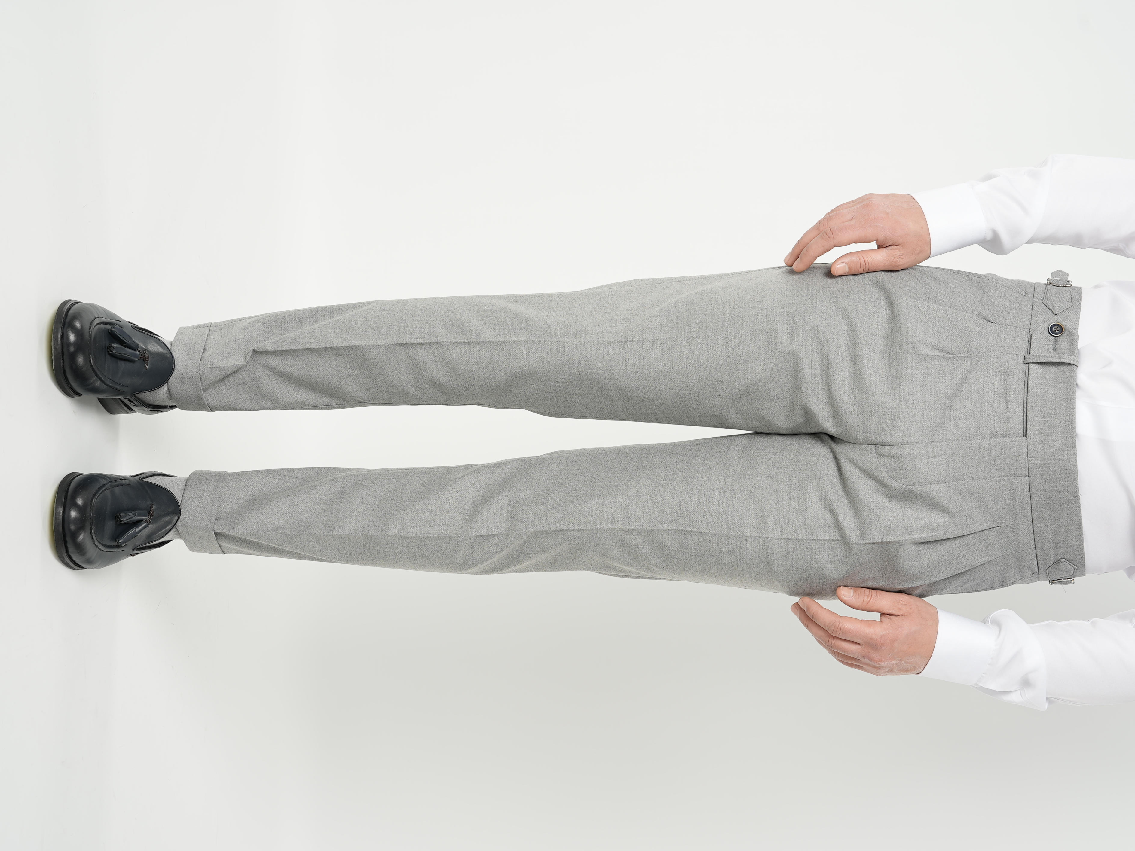 Erkek Slim Fit Yüksek Bel Duble Paça Tokalı  Piliseli Kumaş Pantolon - Gri