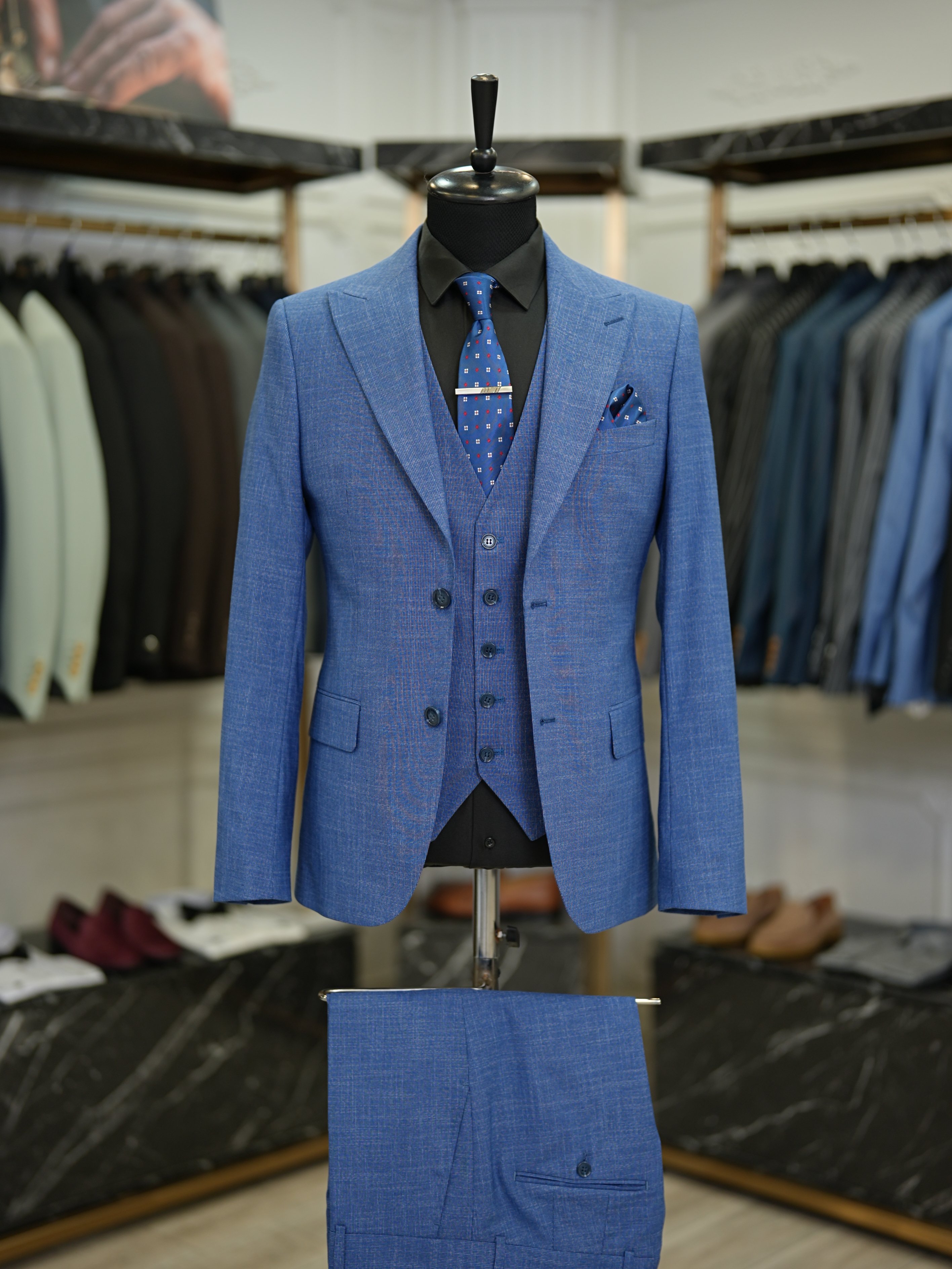 Abito da uomo con collo a rondine stile italiano giacca slim fit gilet pantaloni - Blu - Blu