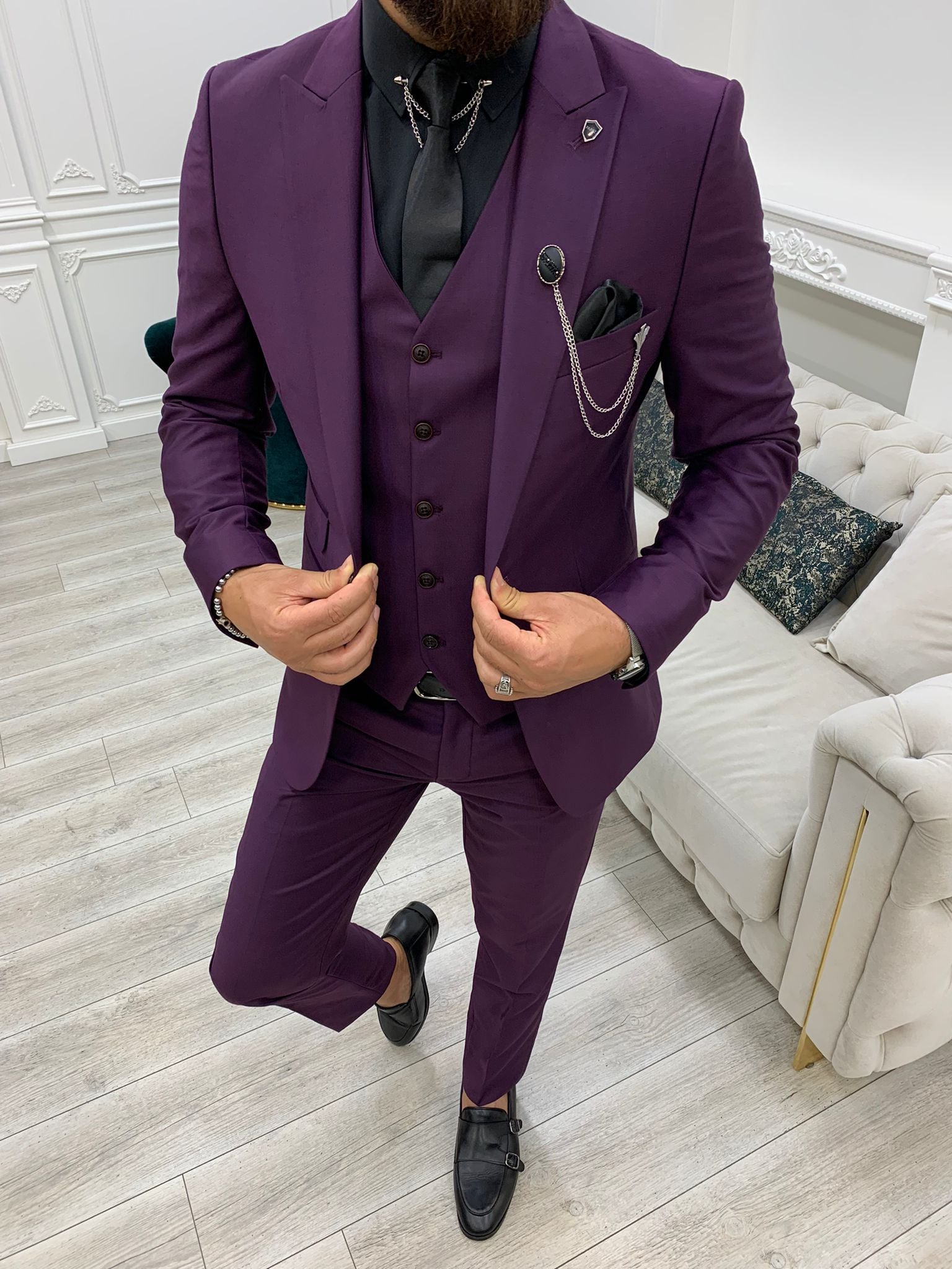 Erkek Takım Elbise Slim Fit Ceket Yelek Pantolon - Mor