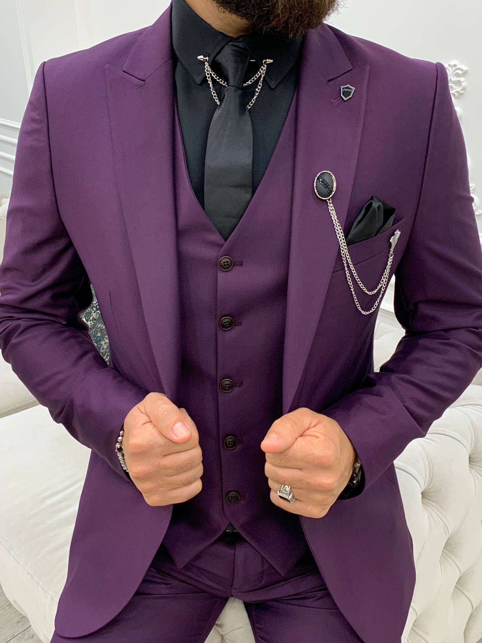 Erkek Takım Elbise Slim Fit Ceket Yelek Pantolon - Mor