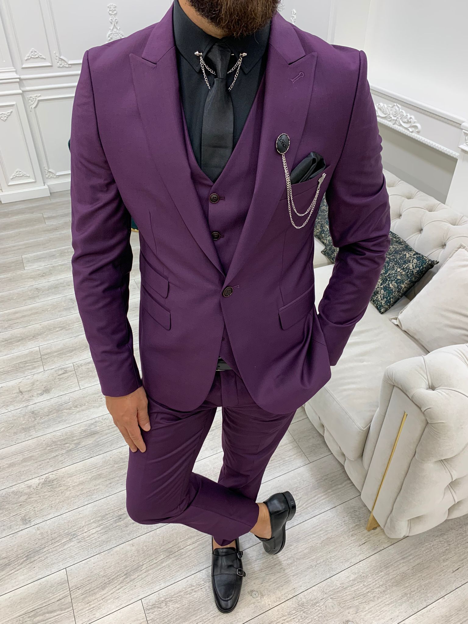Erkek Takım Elbise Slim Fit Ceket Yelek Pantolon - Mor