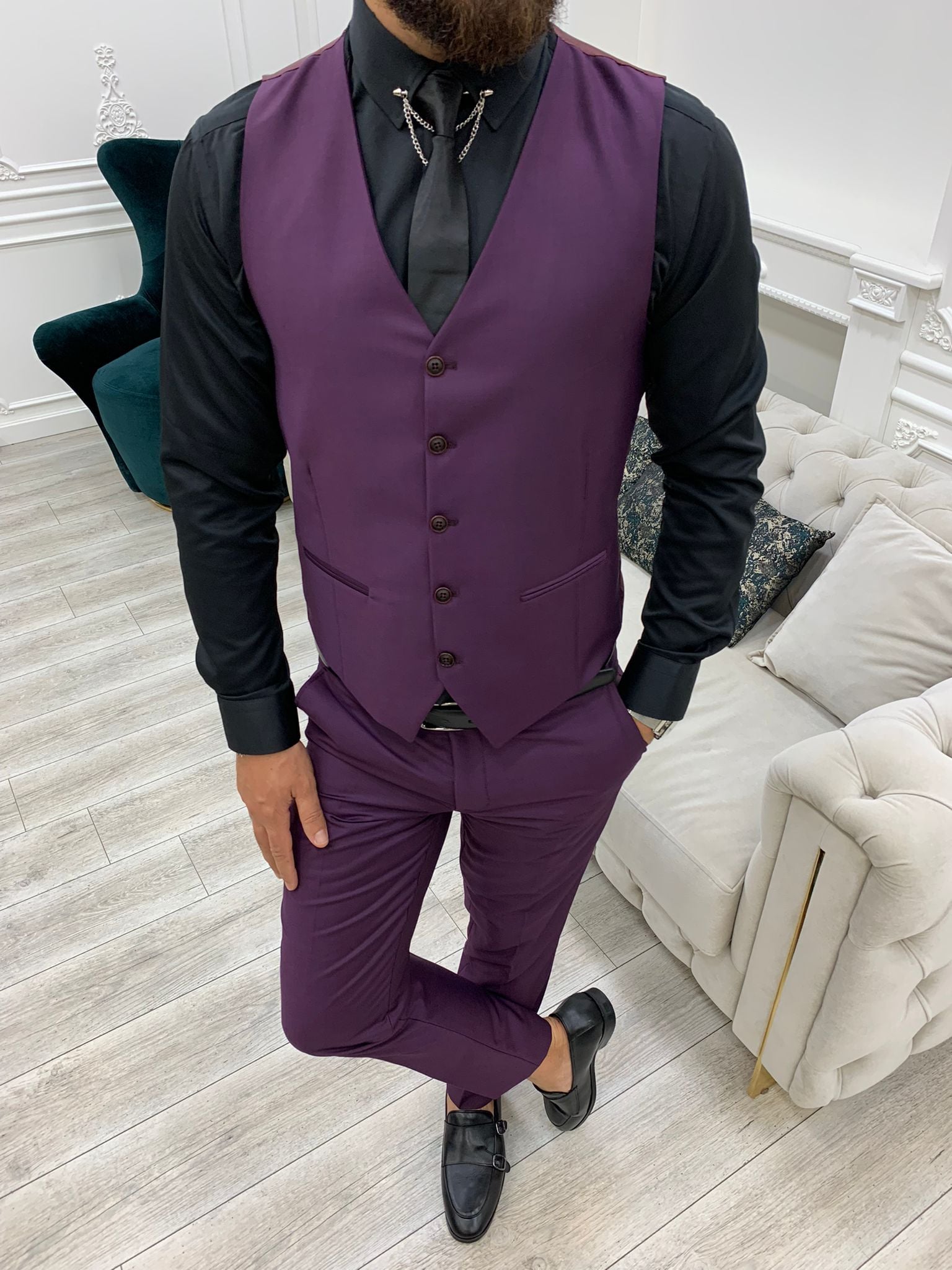 Erkek Takım Elbise Slim Fit Ceket Yelek Pantolon - Mor