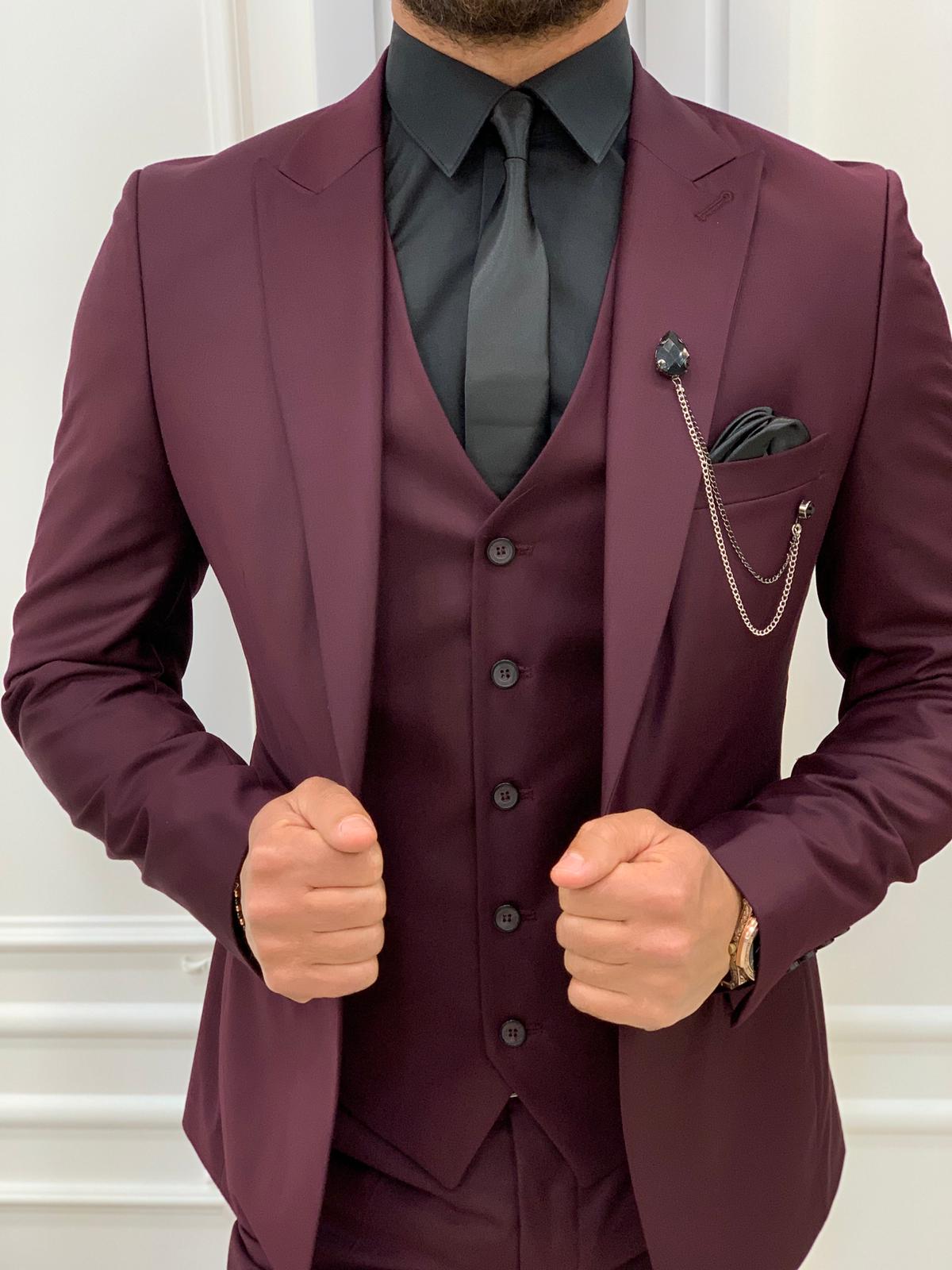 Pantaloni da giacca e gilet da abito slim fit da uomo - Rosso bordeaux