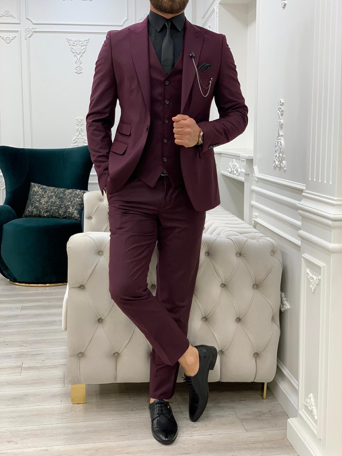 Pantaloni da giacca e gilet da abito slim fit da uomo - Rosso bordeaux