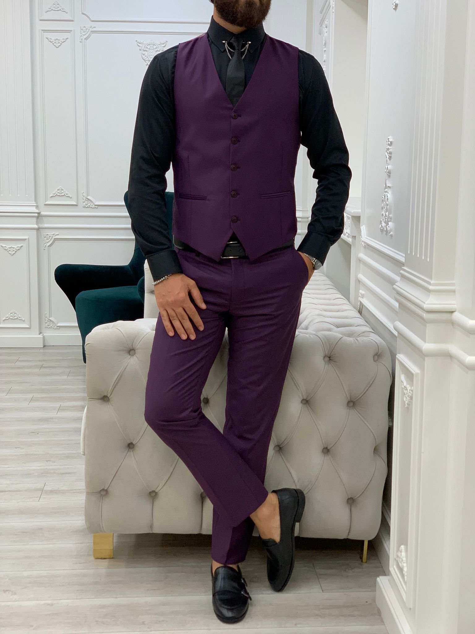 Erkek Takım Elbise Slim Fit Ceket Yelek Pantolon - Mor