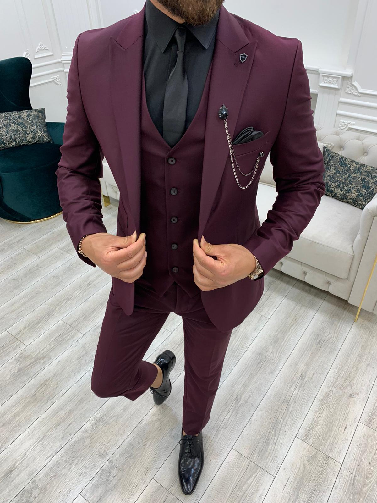 Pantaloni da giacca e gilet da abito slim fit da uomo - Rosso bordeaux