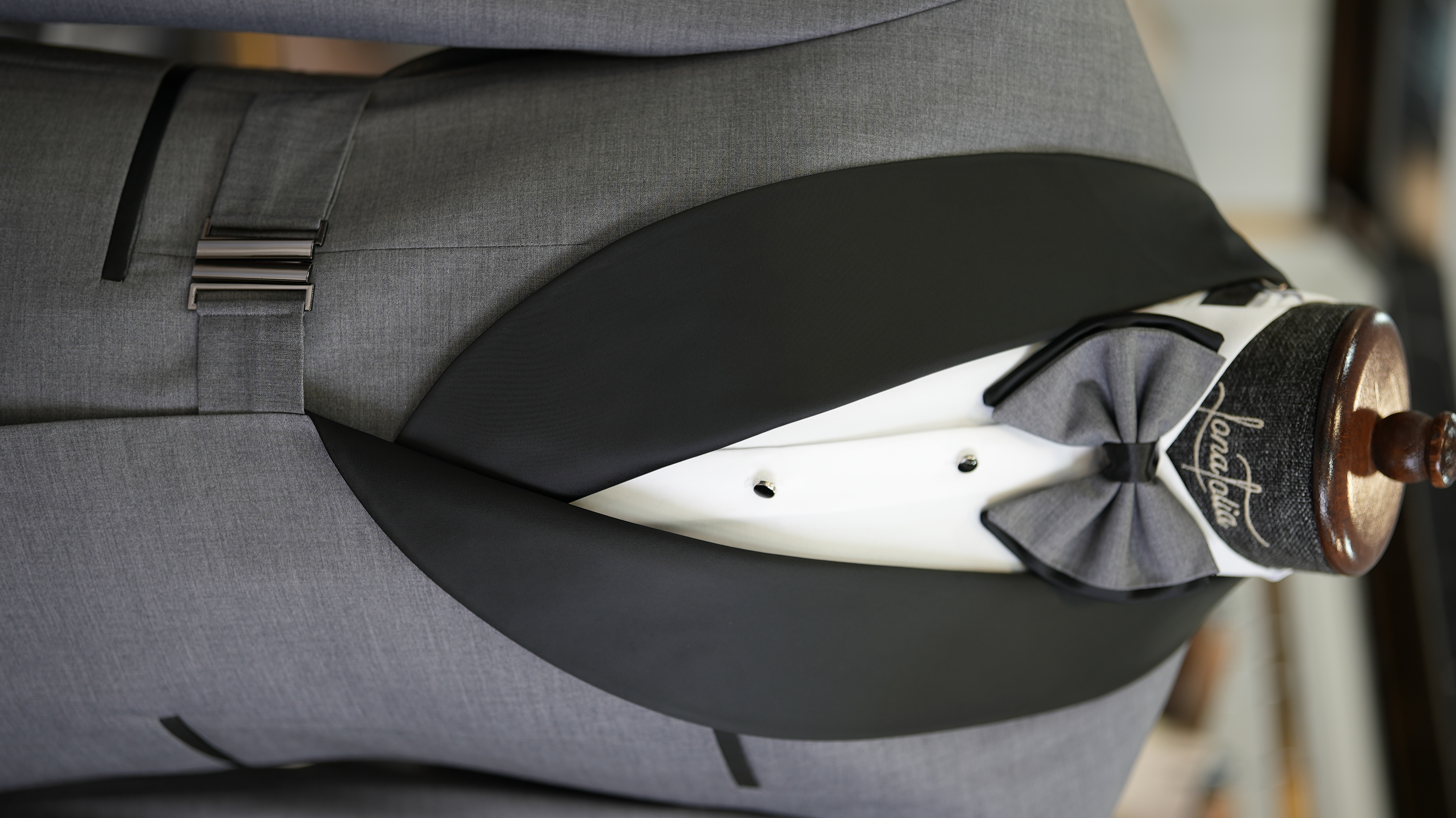 Erkek Tokalı Kruvaze Damatlık Slim fit İtalyan Stil Ceket Pantolon Papyon-Gri