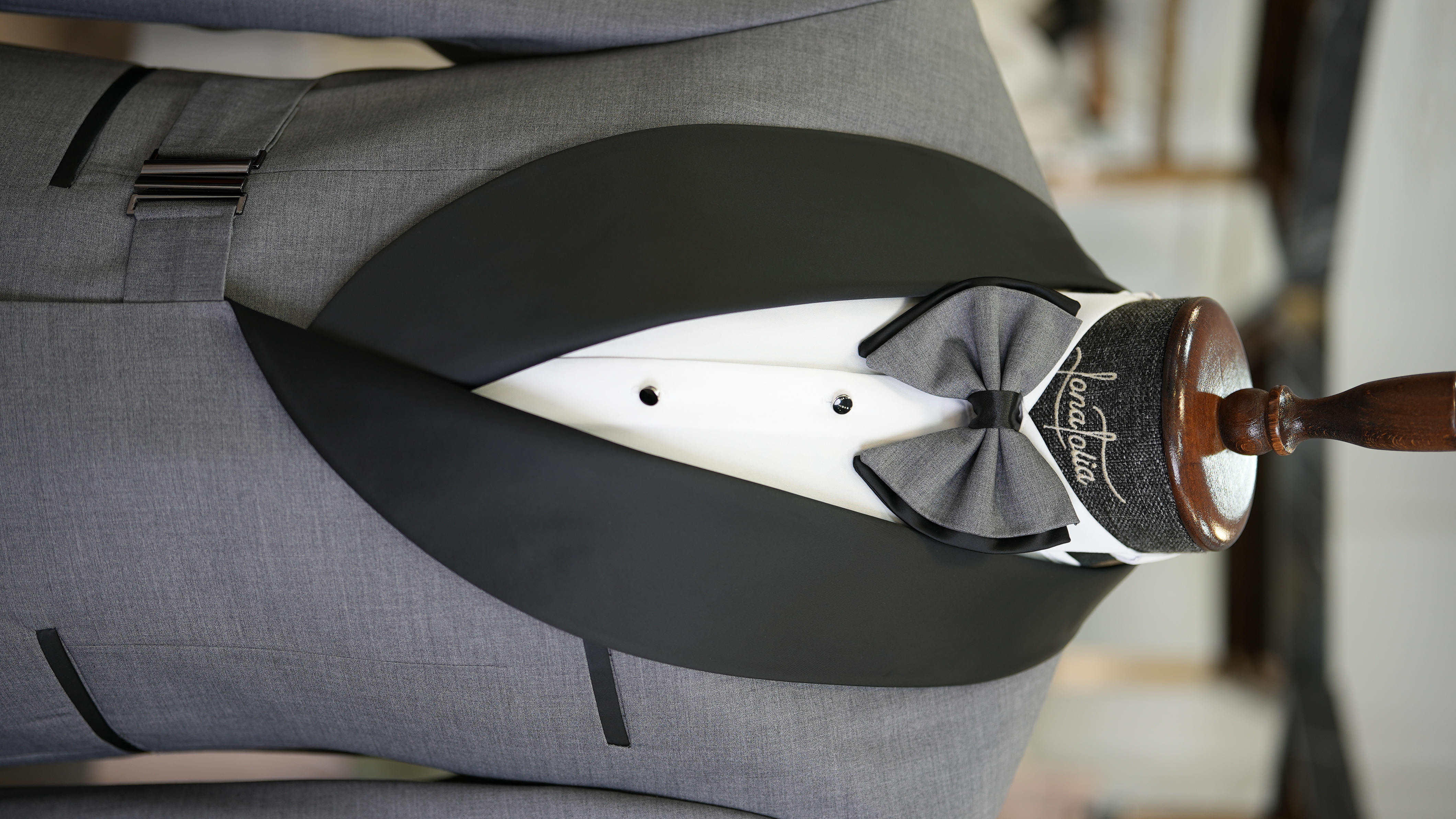 Erkek Tokalı Kruvaze Damatlık Slim fit İtalyan Stil Ceket Pantolon Papyon-Gri