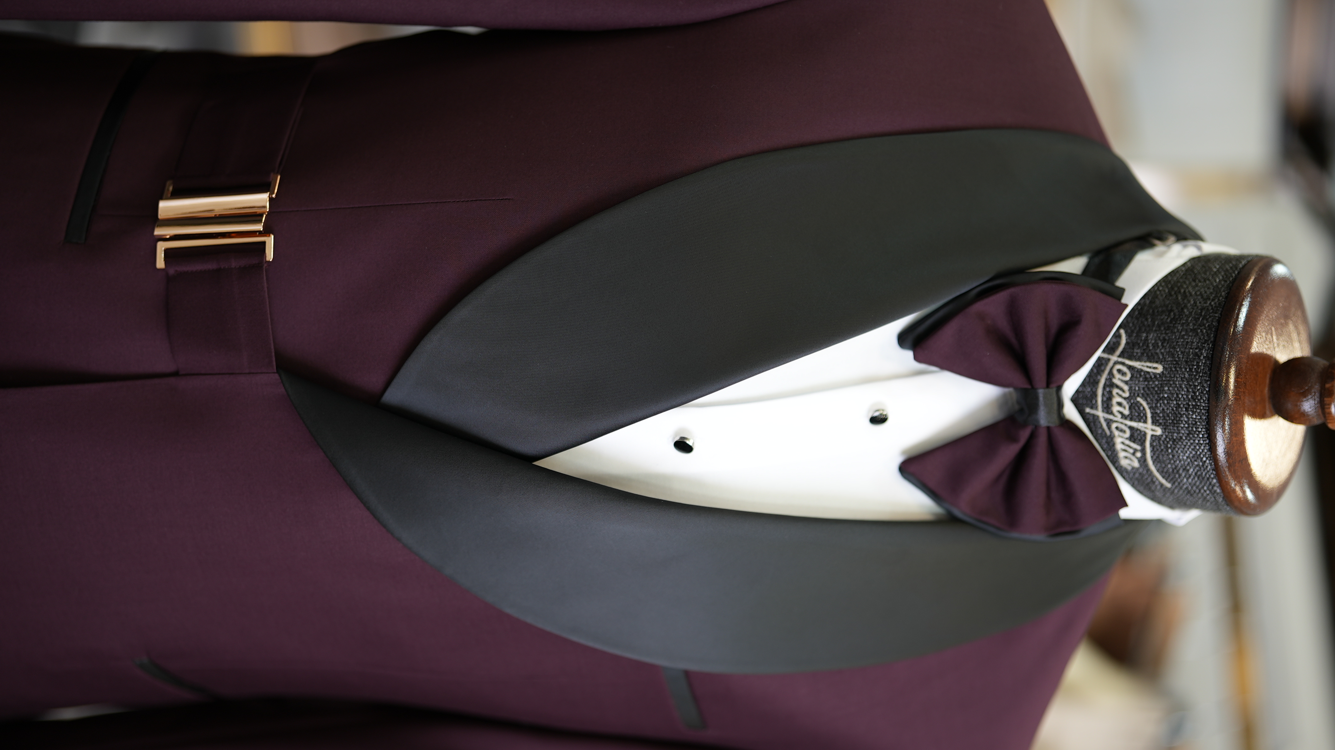 Erkek Tokalı Kruvaze Damatlık Slim fit İtalyan Stil Ceket Pantolon Papyon-Bordo