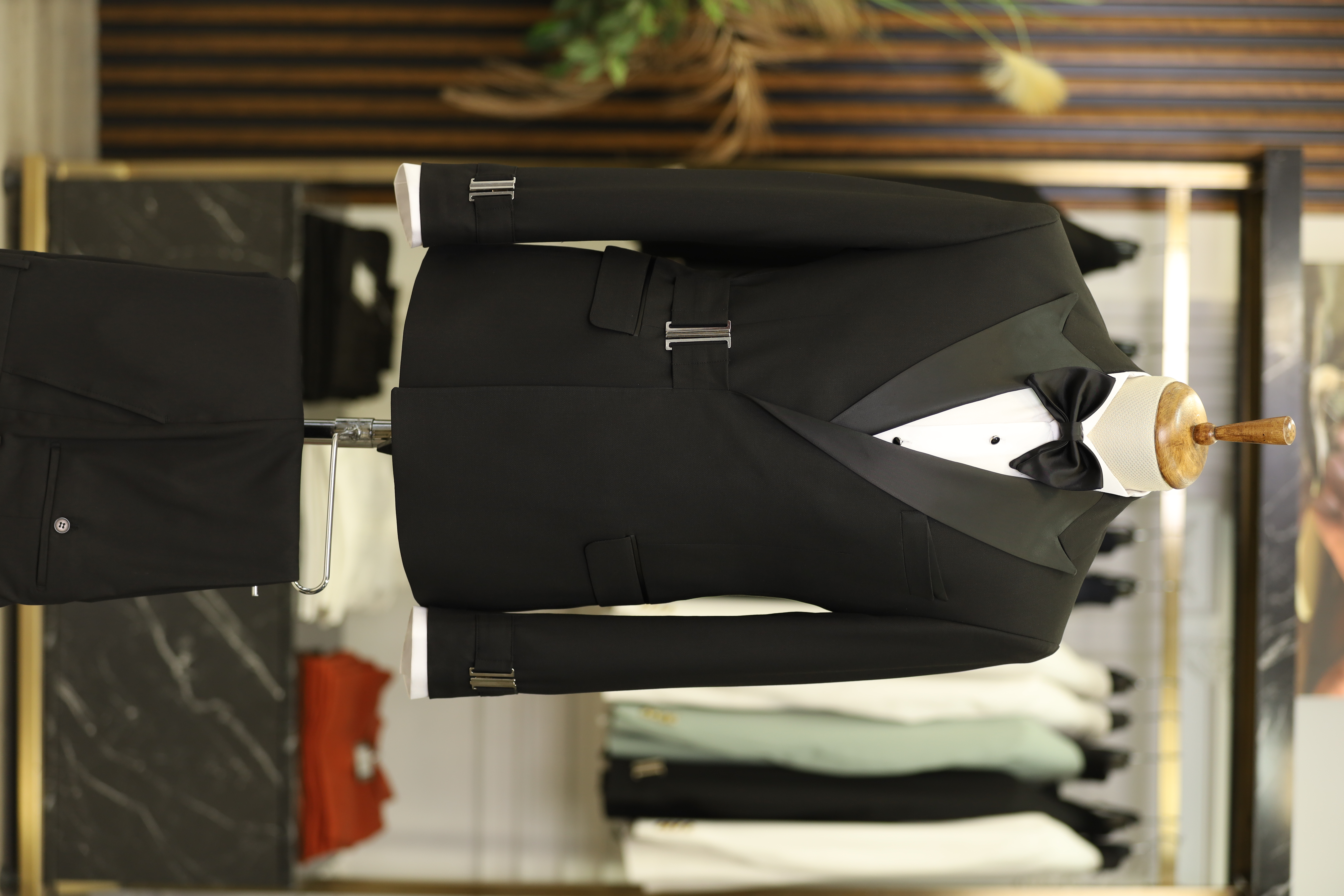 Erkek Tokalı Kruvaze Damatlık Slim fit İtalyan Stil Ceket Pantolon Papyon-Siyah