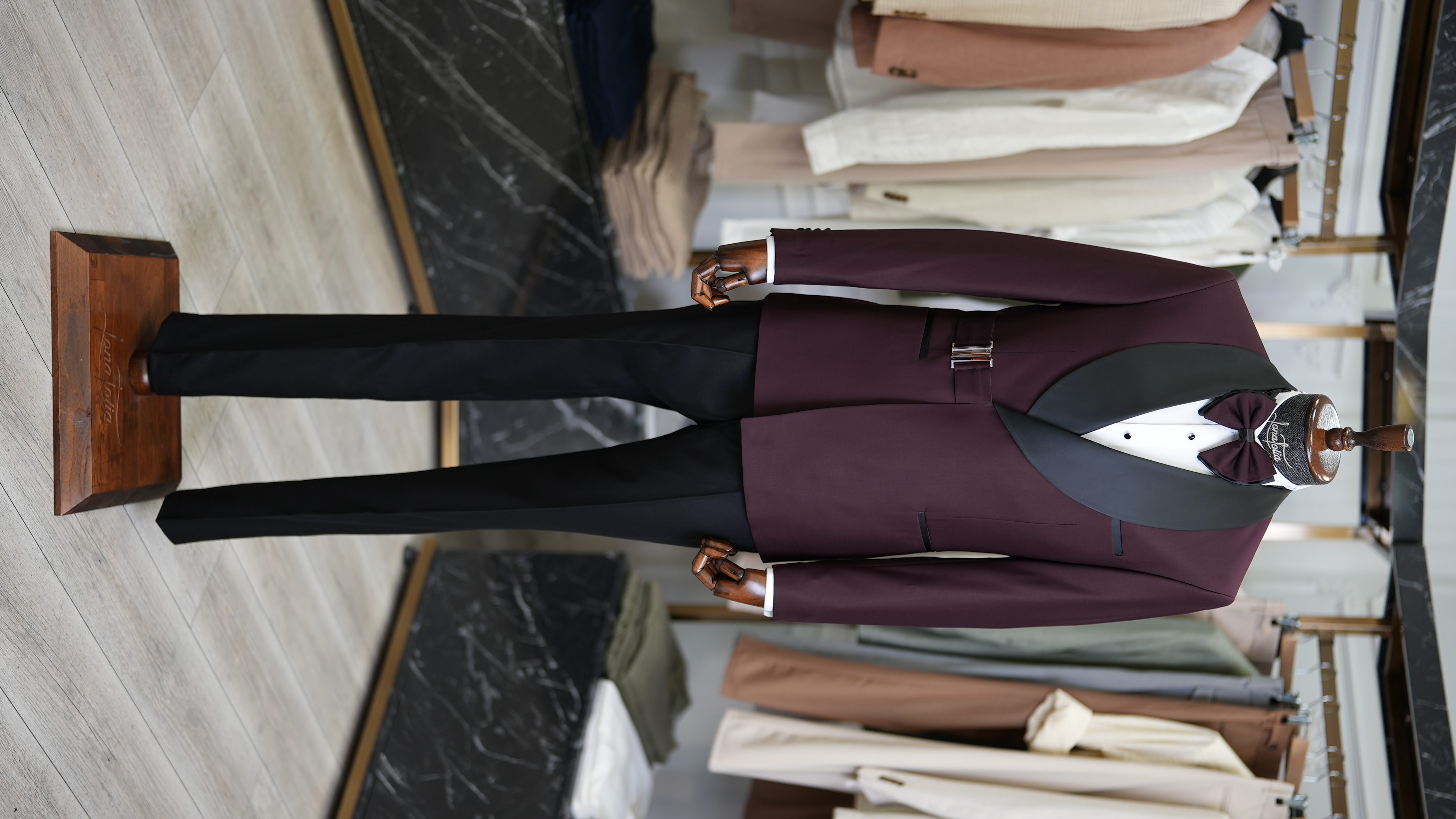 Erkek Tokalı Kruvaze Damatlık Slim fit İtalyan Stil Ceket Pantolon Papyon-Bordo
