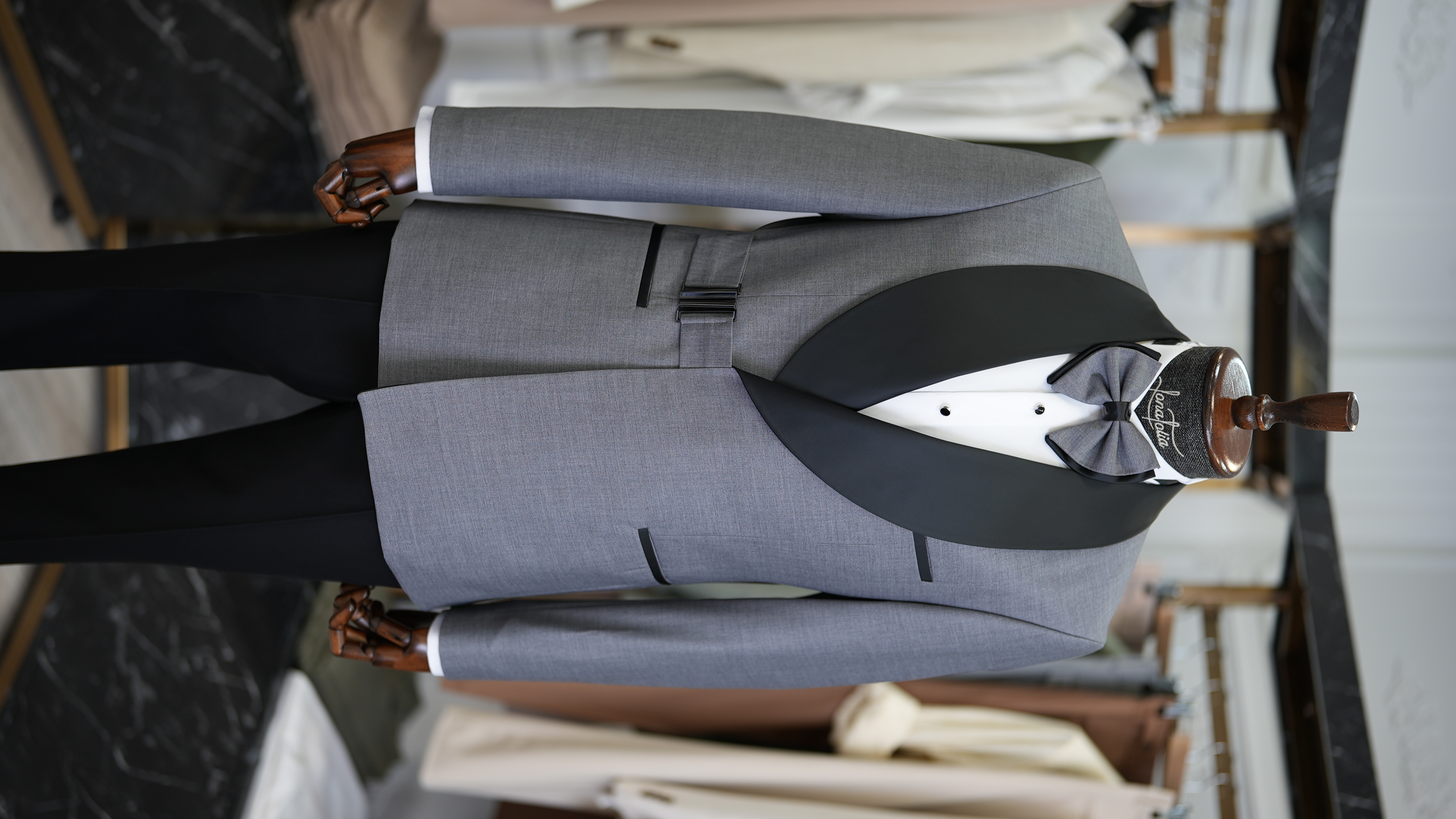 Erkek Tokalı Kruvaze Damatlık Slim fit İtalyan Stil Ceket Pantolon Papyon-Gri
