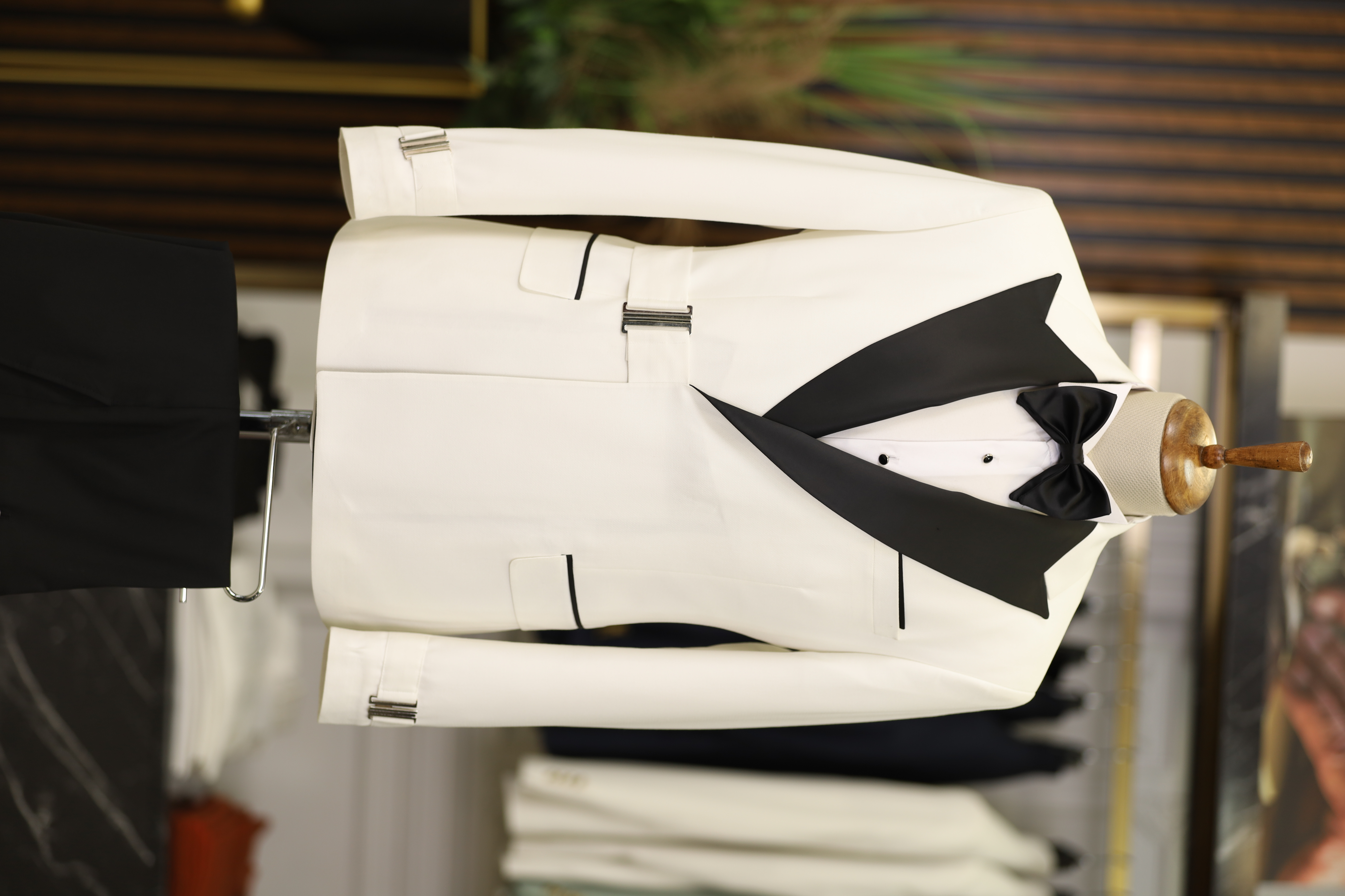 Erkek Tokalı Kruvaze Damatlık Slim fit İtalyan Stil Ceket Pantolon Papyon-Beyaz