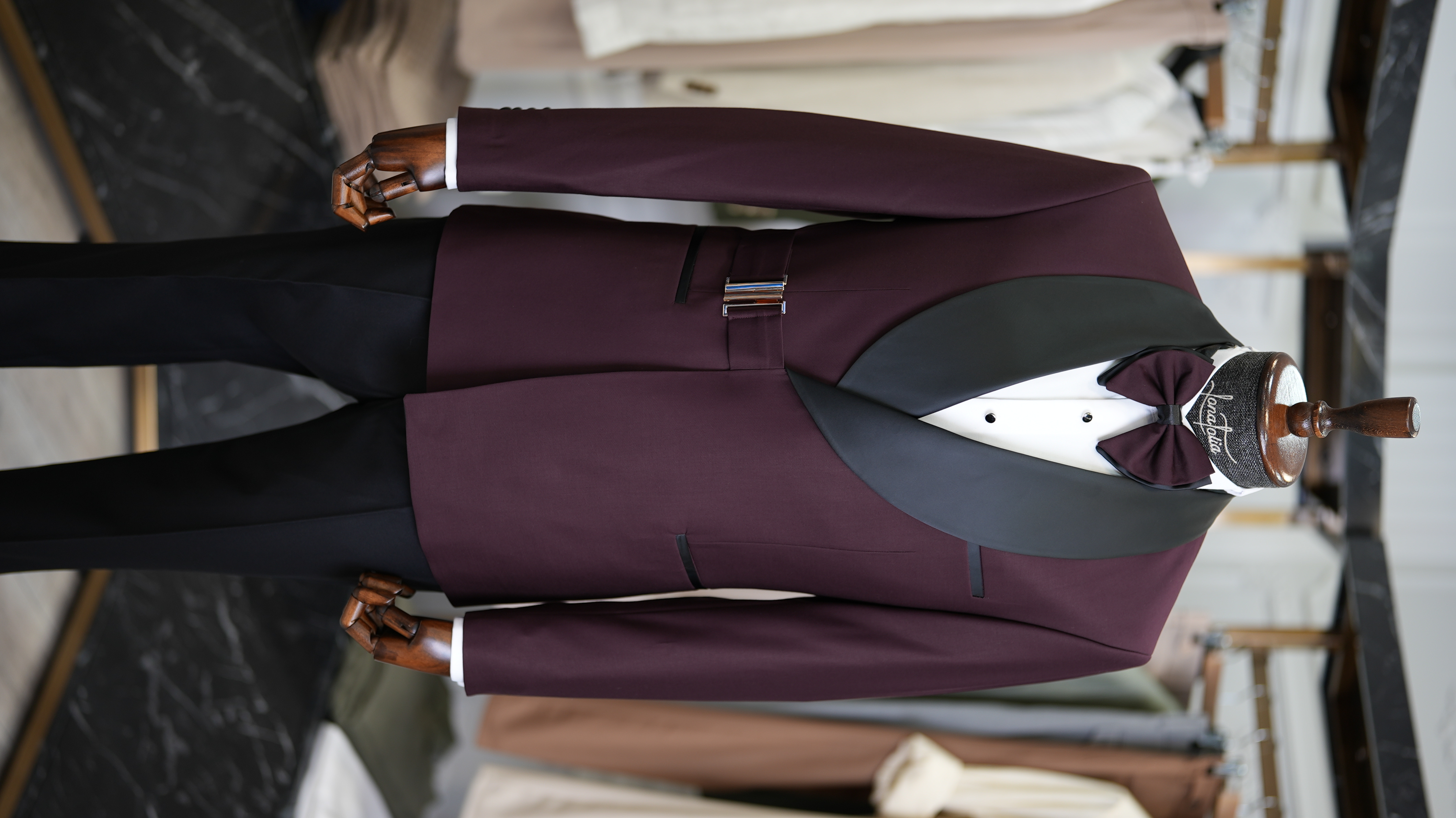 Erkek Tokalı Kruvaze Damatlık Slim fit İtalyan Stil Ceket Pantolon Papyon-Bordo