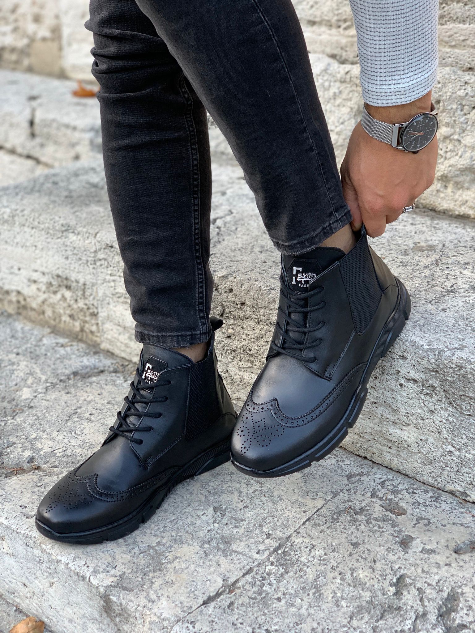 Hakiki Deri Bağcıklı Bot-Siyah