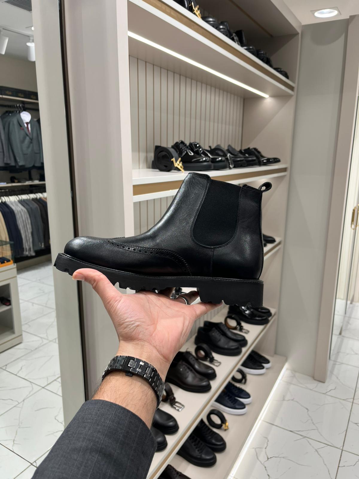 Hakiki Deri Bağcıklı Erkek Bot - Siyah