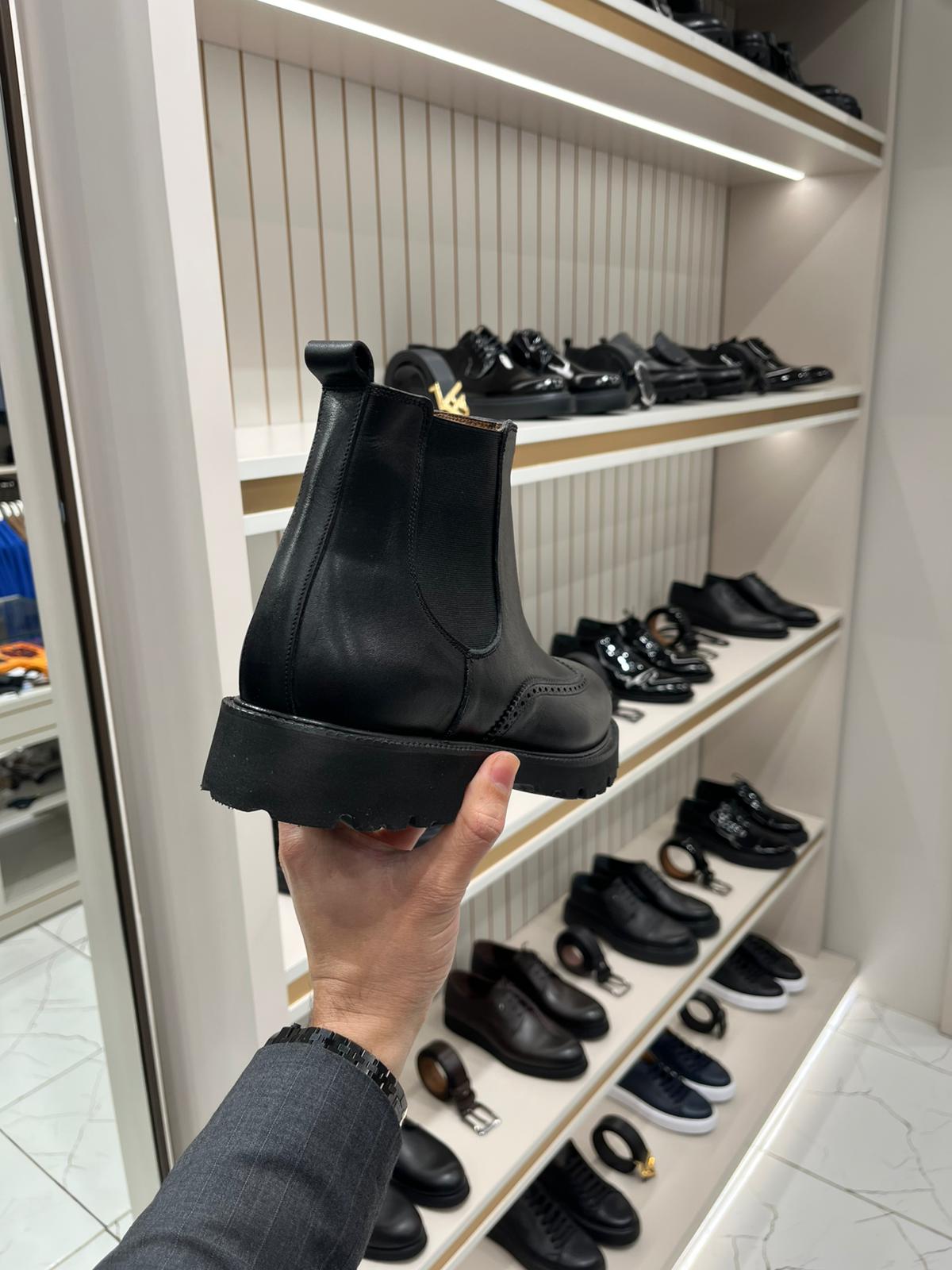 Hakiki Deri Bağcıklı Erkek Bot - Siyah