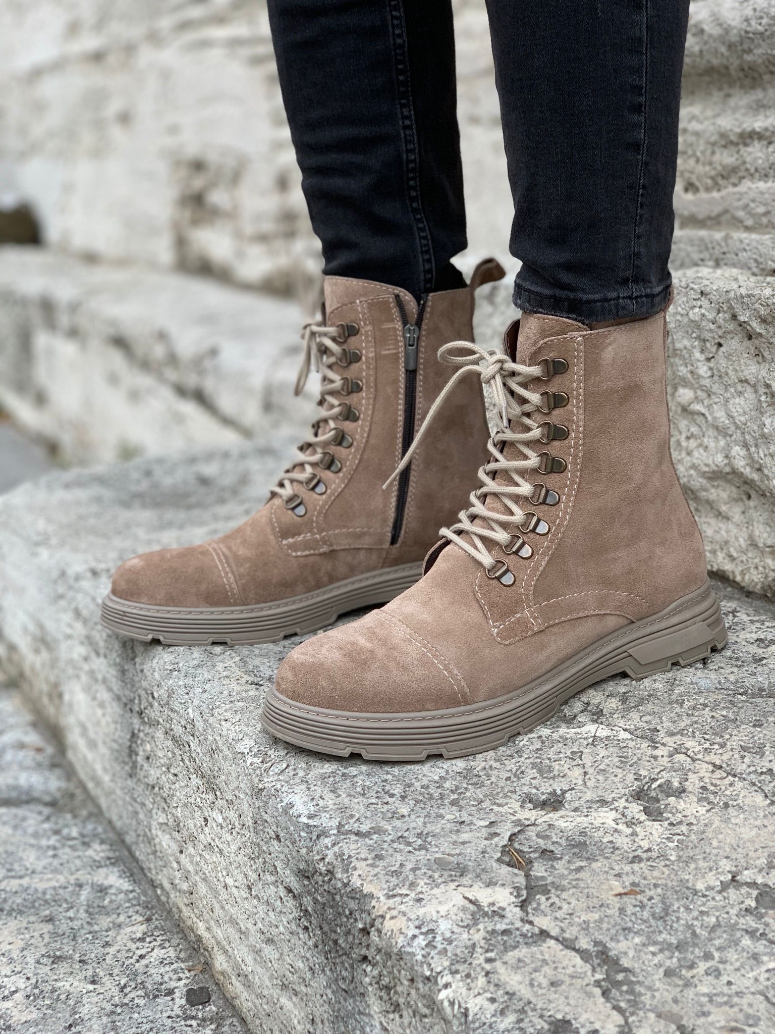 İç Dış Naturel Kışlık Hakiki Deri Bot-Süet Sütlü Kahve