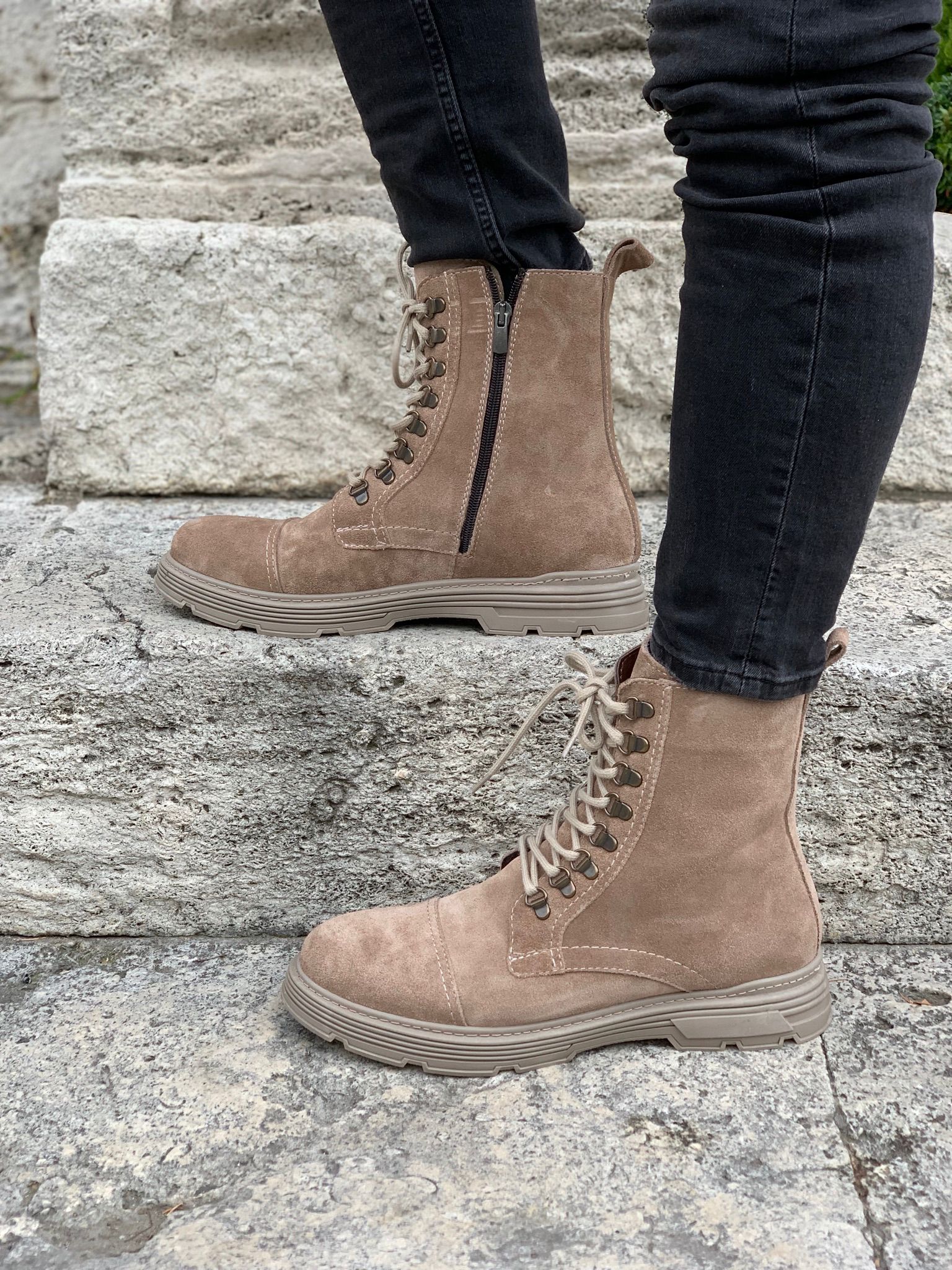 İç Dış Naturel Kışlık Hakiki Deri Bot-Süet Sütlü Kahve