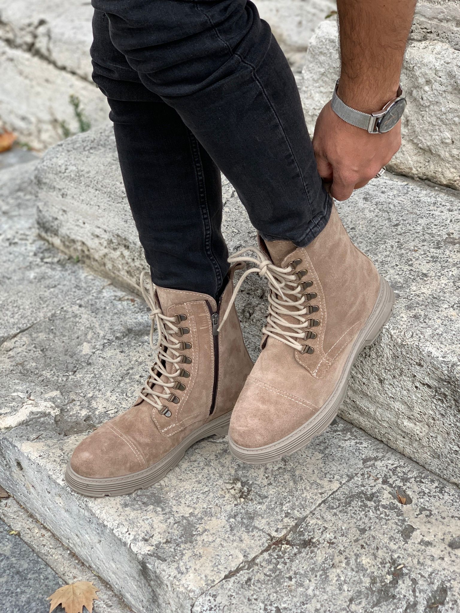 İç Dış Naturel Kışlık Hakiki Deri Bot-Süet Sütlü Kahve