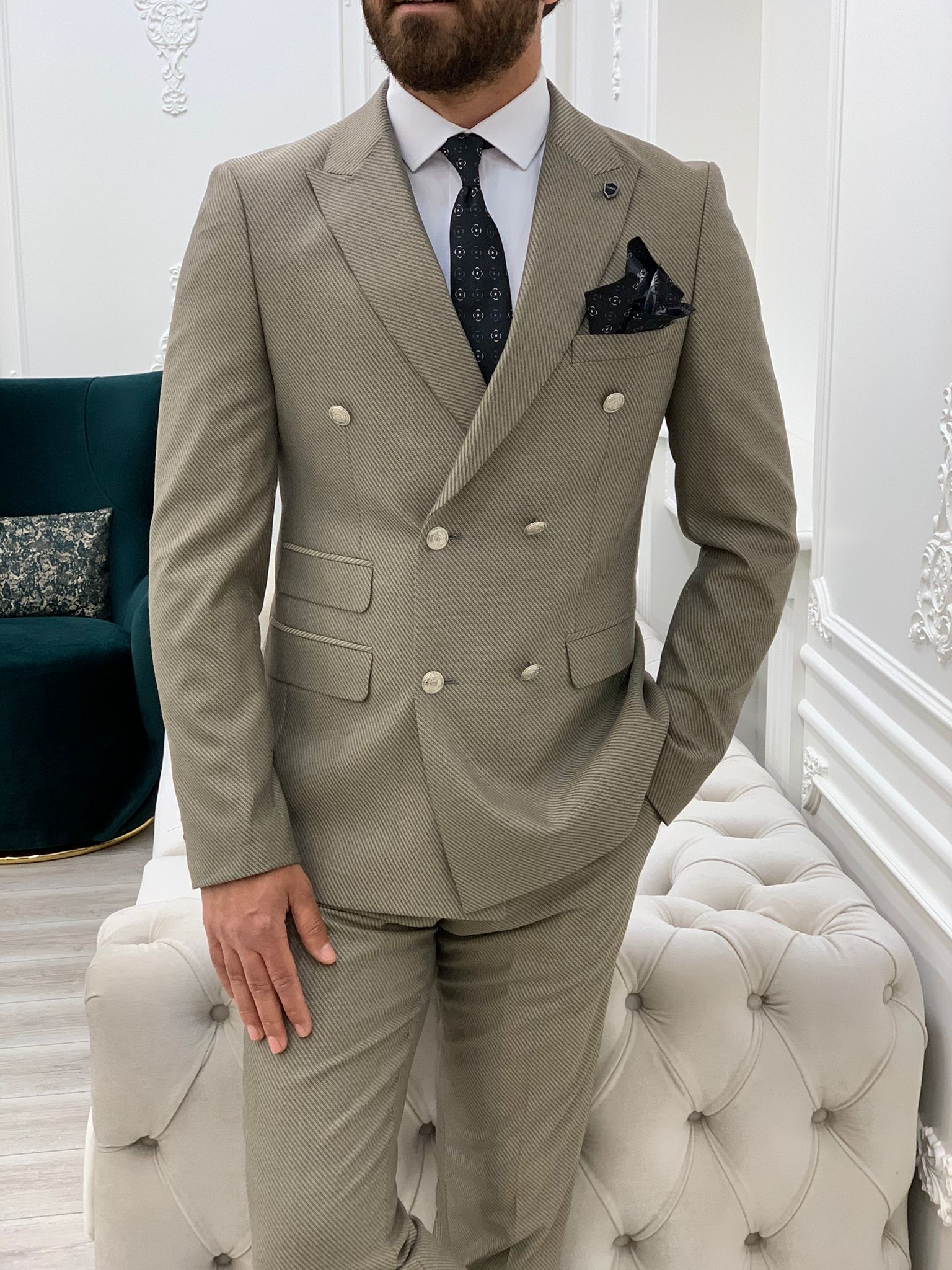 Pantaloni giacca da abito doppiopetto stile italiano - Crema