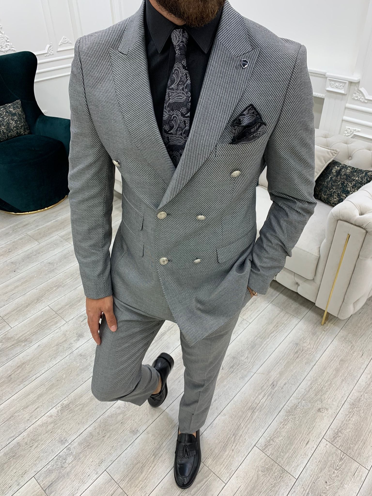 Pantaloni giacca da abito doppiopetto stile italiano - Grigio chiaro