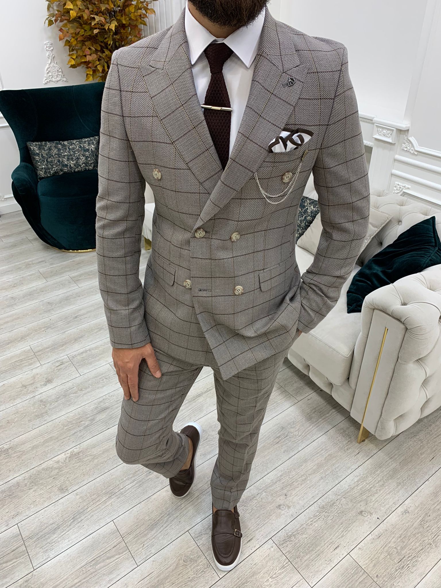 Pantaloni giacca da abito doppiopetto stile italiano - Caffè Latte