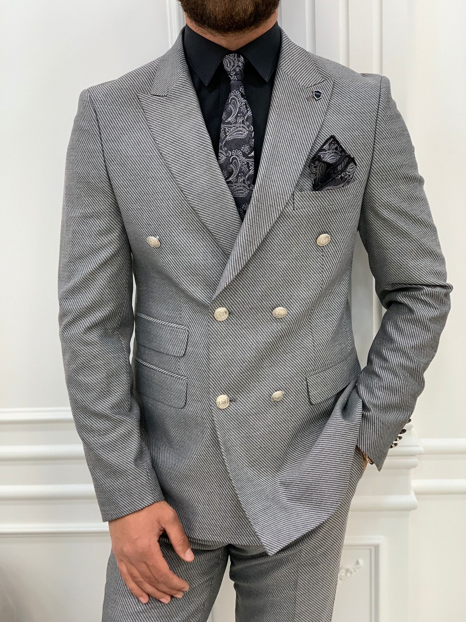 Pantaloni giacca da abito doppiopetto stile italiano - Grigio chiaro