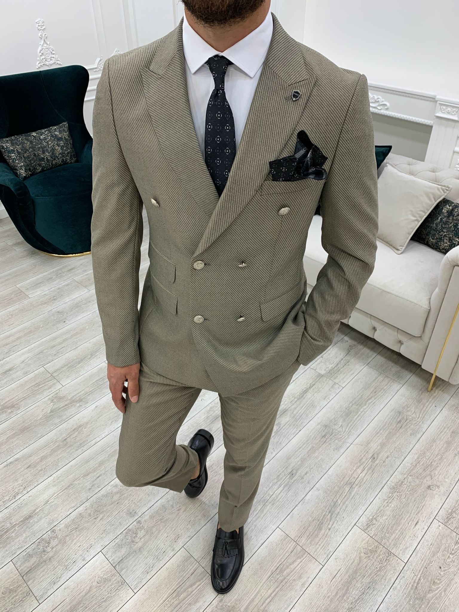 Pantaloni giacca da abito doppiopetto stile italiano - Crema