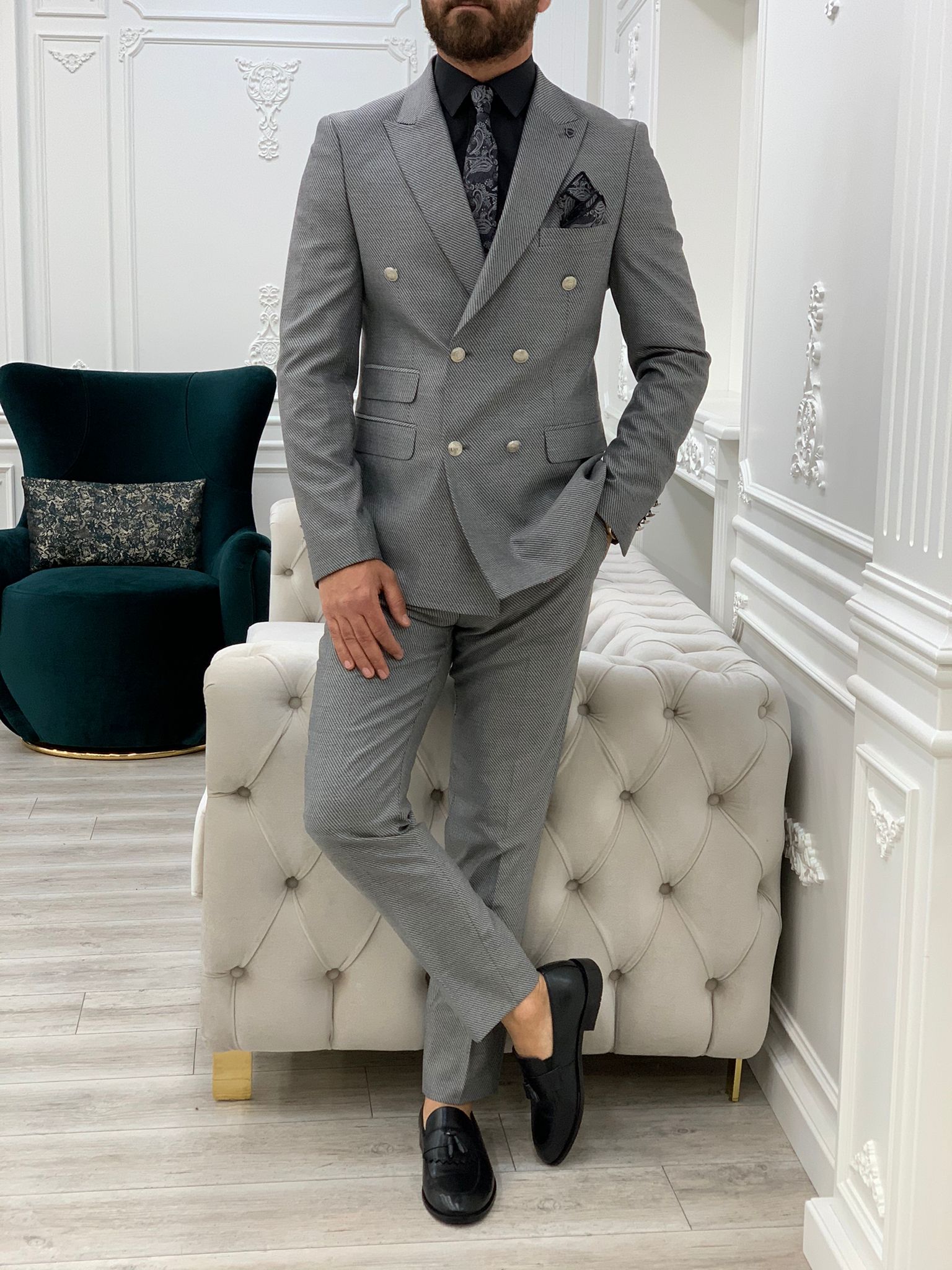 Pantaloni giacca da abito doppiopetto stile italiano - Grigio chiaro