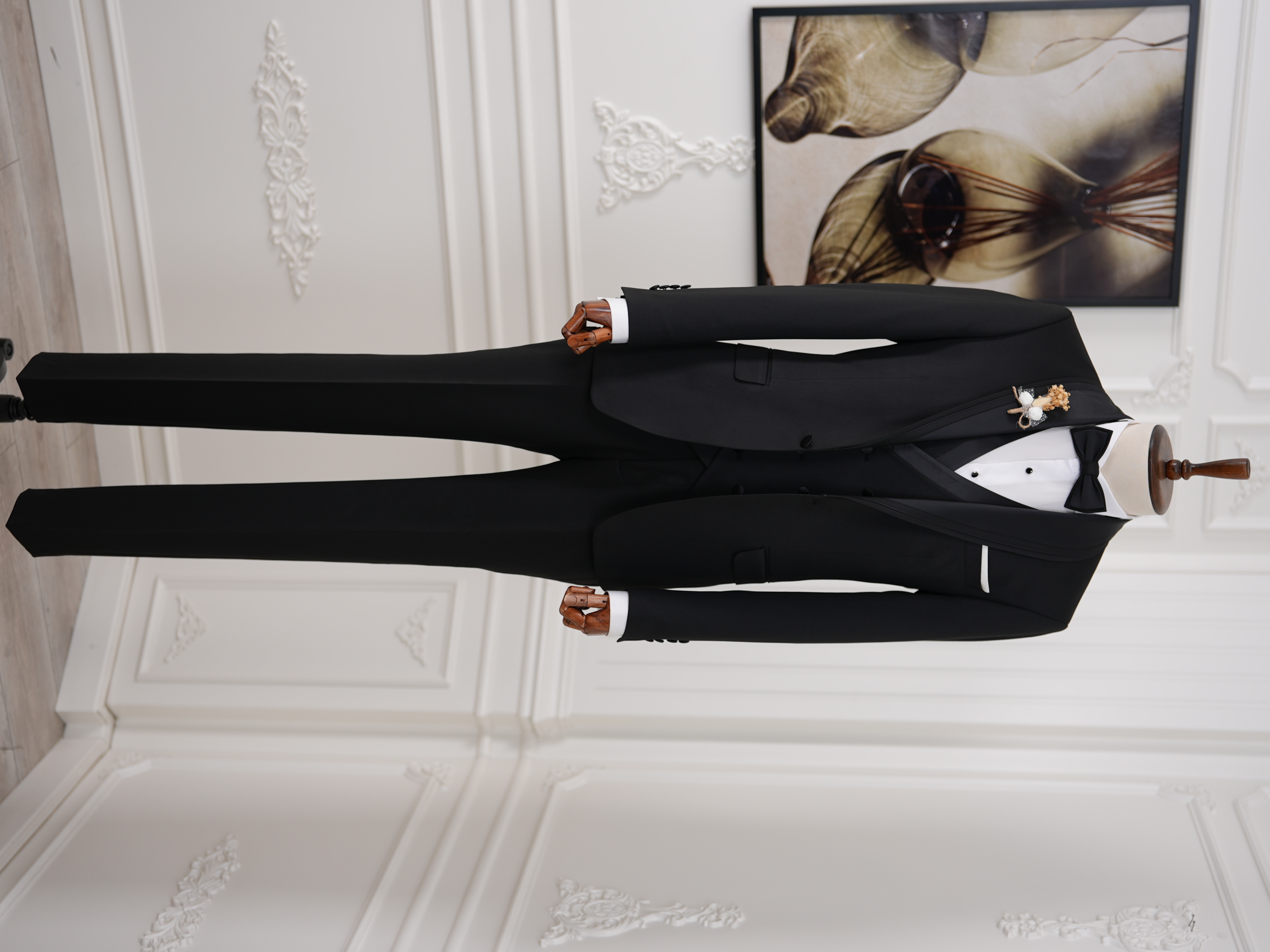 İtalyan Stil Slim Fit Şal Yaka Ceket Yelek Pantolon Papyon Damatlık Smokin - Siyah
