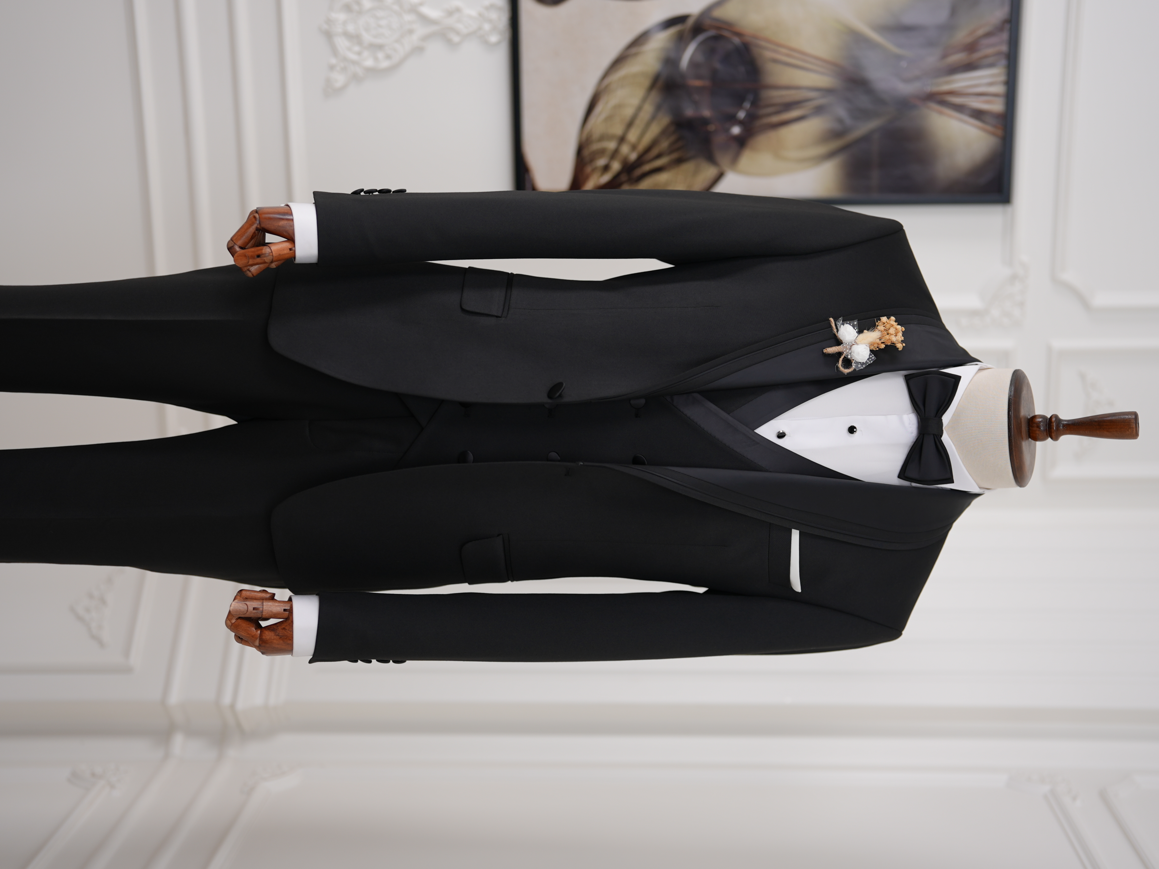 İtalyan Stil Slim Fit Şal Yaka Ceket Yelek Pantolon Papyon Damatlık Smokin - Siyah