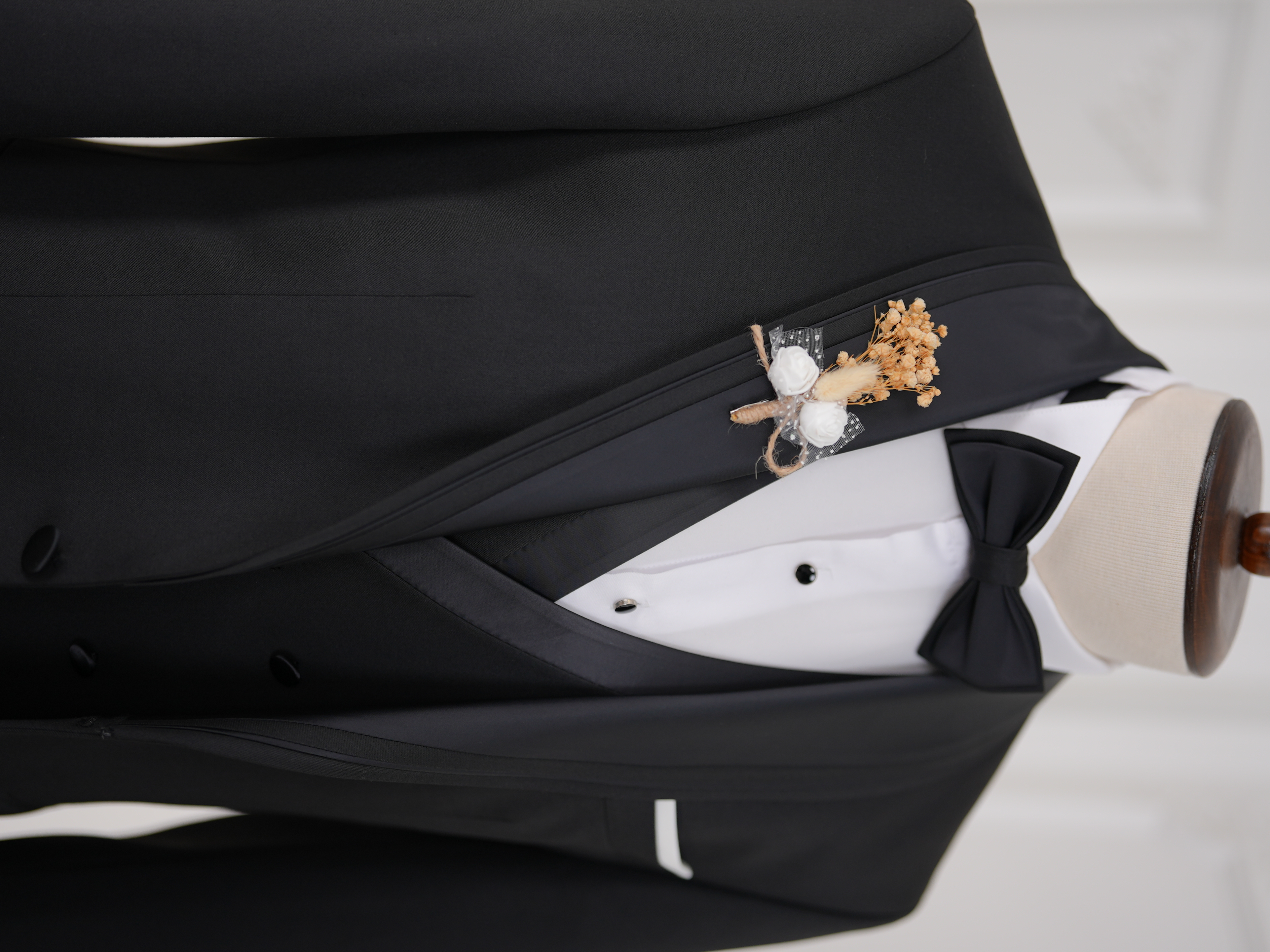 İtalyan Stil Slim Fit Şal Yaka Ceket Yelek Pantolon Papyon Damatlık Smokin - Siyah